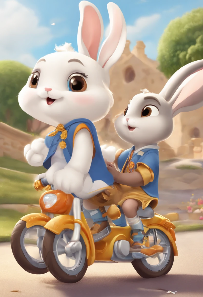 (((Cartoon Character 1.3))),(((Wear a Nike T-shirt:1.2,Super cute two bunnies riding on a bike))),((The rabbit rides on a bicycle with a big gold medal around his neck)),Wears a spotted vest on the top,Denim shorts on the bottom,Naughty expression,HD Real,Black eyes,Flying figure,HD picture,Sony SLR lens,Shoot at medium distance,Soft lighting,