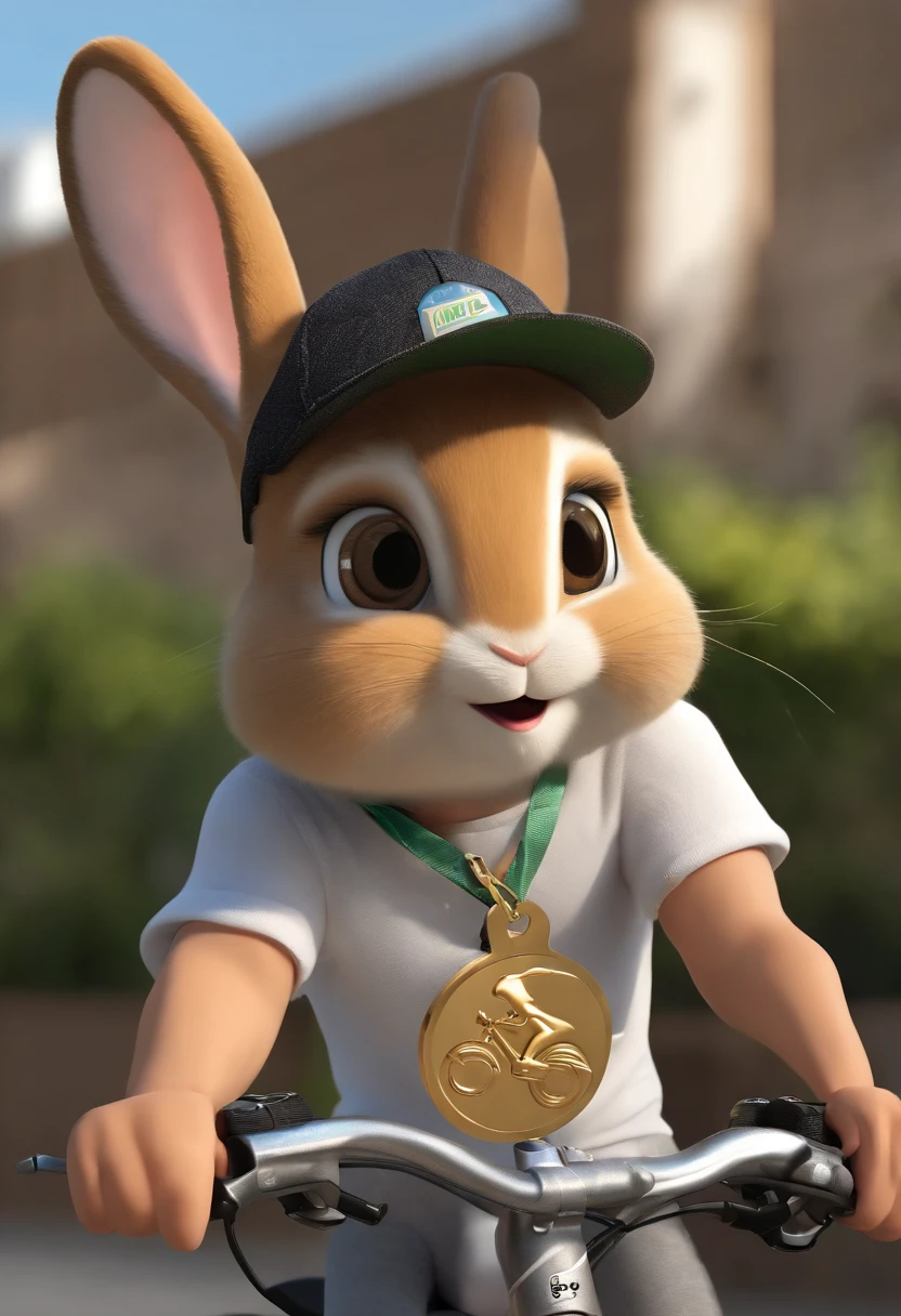 (((Cartoon Character 1.3))),(((Wear a Nike T-shirt:1.2,Super cute two bunnies riding on a bike))),((The rabbit rides on a bicycle with a big gold medal around his neck)),Wears a spotted vest on the top,Denim shorts on the bottom,Naughty expression,HD Real,Black eyes,Flying figure,HD picture,Sony SLR lens,Shoot at medium distance,Soft lighting,