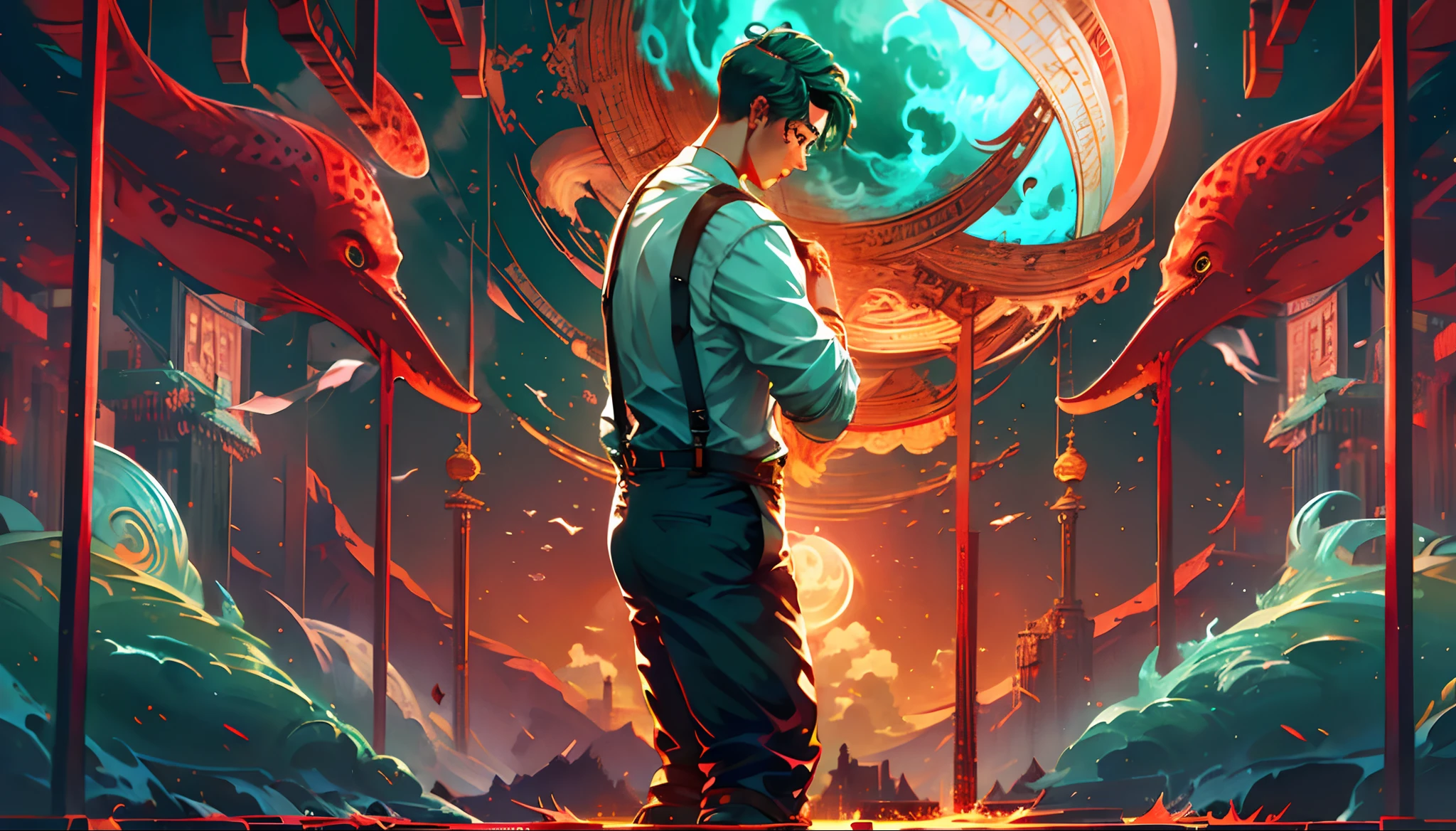 The whale jumped out of the water,starrysky,Blood Moon,meteors,Green Northern Lights,middle parted hairstyle,Suspenders,Boy student
