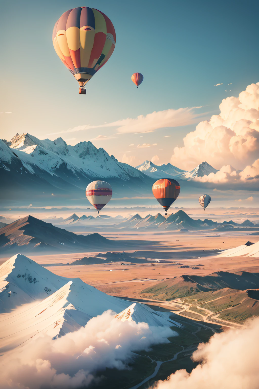 Two hot air balloons fly over the prairie landscape,The background is mountains,beautiful sky,White clouds,rainbowing,4K Ultra HD, 超高分辨率, (Photorealistic: 1.4), Best quality,Masterpiece,(pastel colour:1.2)
