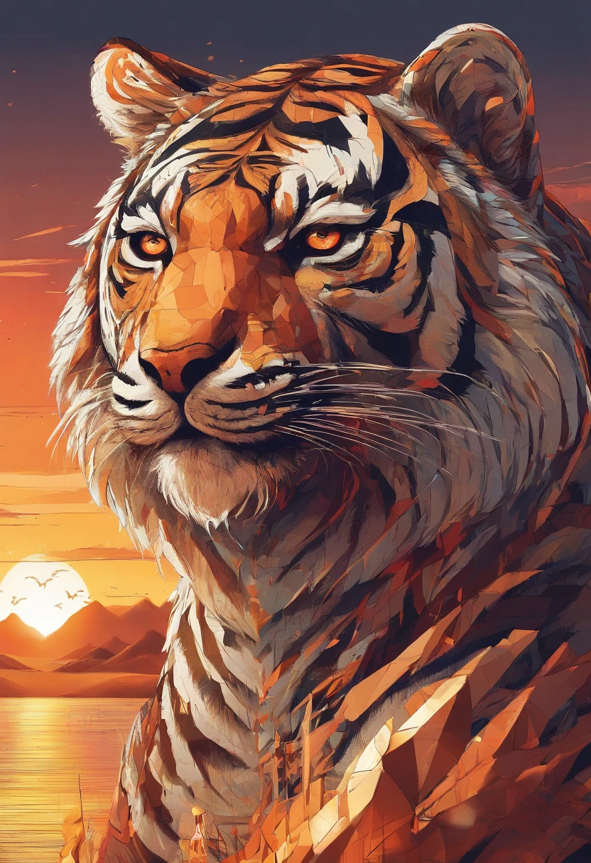 A humanoid tiger stands majestically in front of the beautiful sunset. Warm light illuminates its intricate features, Accentuate the delicate pattern of flattering skin and eyes. Tiger Pose Exudes Confidence and Elegance, Keep your head up high，A brisa sopra sua pele. The scene is rendered with a mesmerizing light wave effect, Create a fantastic atmosphere. The overall picture is very detailed, Um jogo complexo，A textura fina da pele do lobo, as well as the shadows and light are on display.