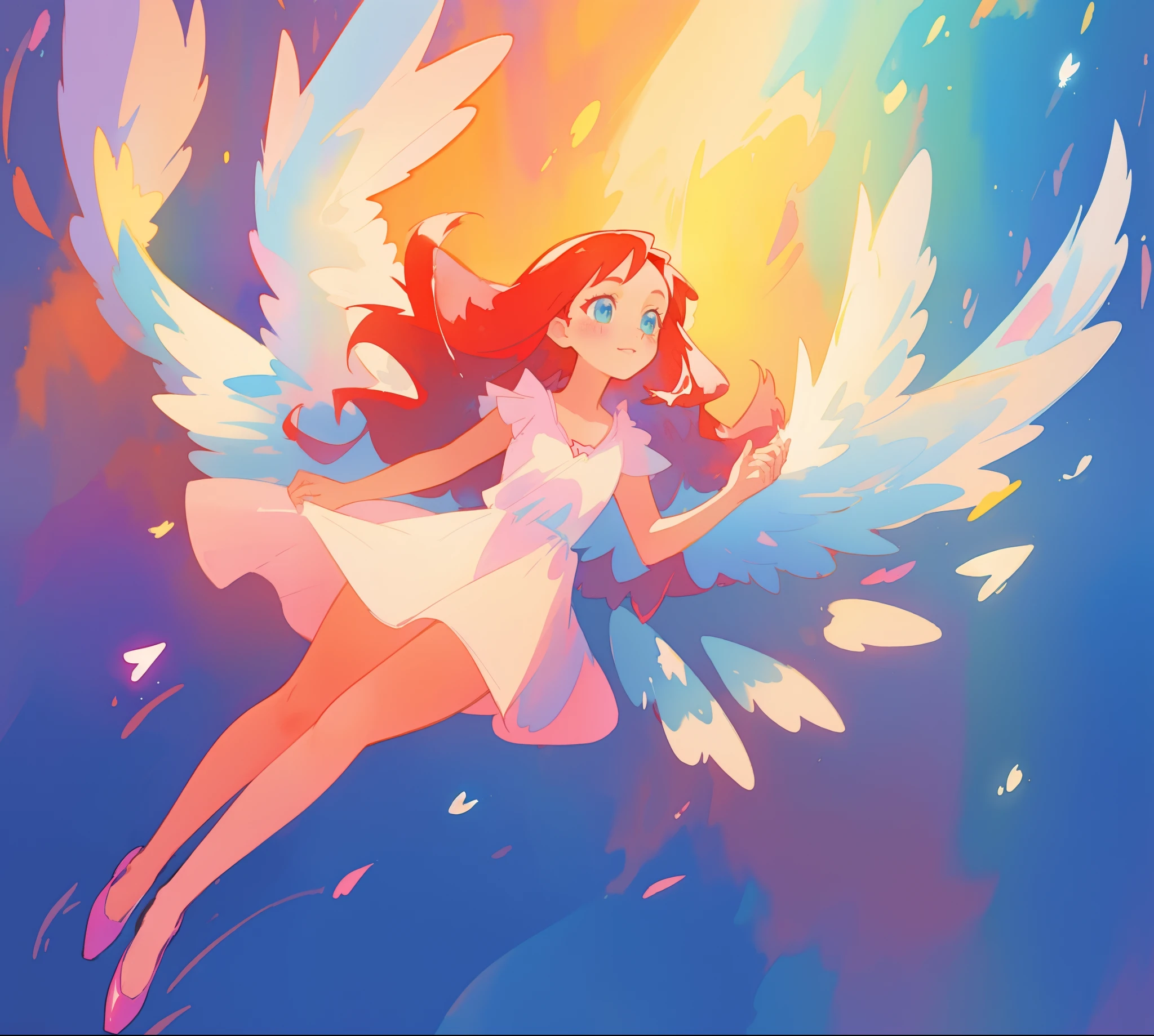 beautiful angel girl in white flowing dress, colorful angel wings, vibrant pastel colors, long flowing brown red hair, colorful fantasia background, watercolor illustration, disney art style, beautiful digital illustration, beautiful, masterpiece, best quality, anime disney style, beautiful face