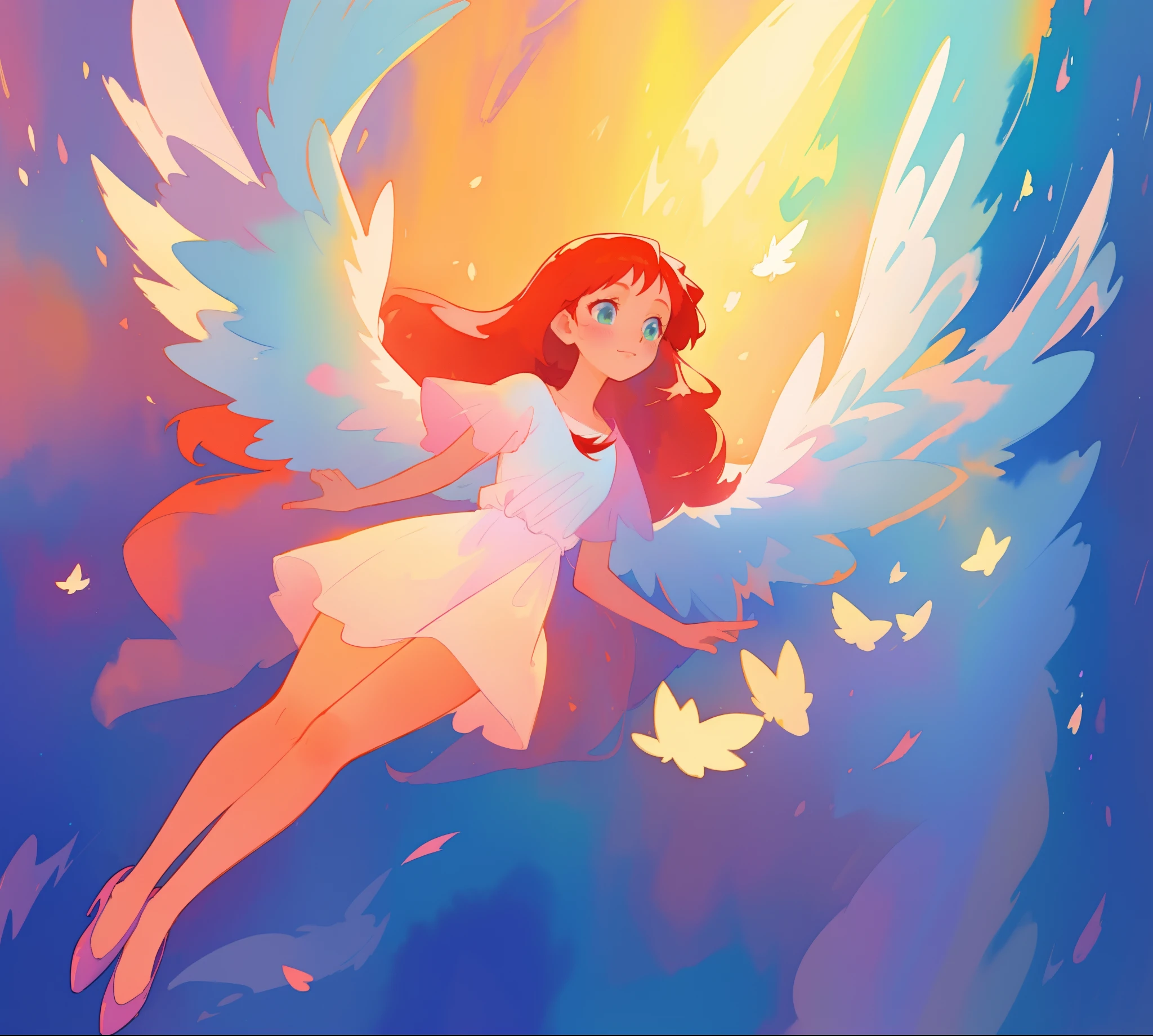 beautiful angel girl in white flowing dress, colorful angel wings, vibrant pastel colors, long flowing brown red hair, colorful fantasia background, watercolor illustration, disney art style, beautiful digital illustration, beautiful, masterpiece, best quality, anime disney style, beautiful face