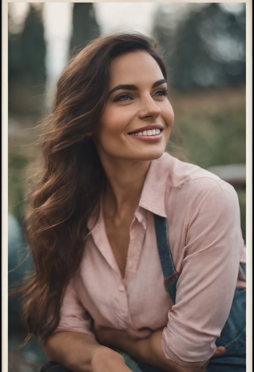 a beautiful woman, with a pink blouse, jeans, long blue hair, smiling, drinking hot coffee, looking at the beautiful sunset, very detailed photo, ultra realistic, 4k, 50mm lens, Stable Diffusion