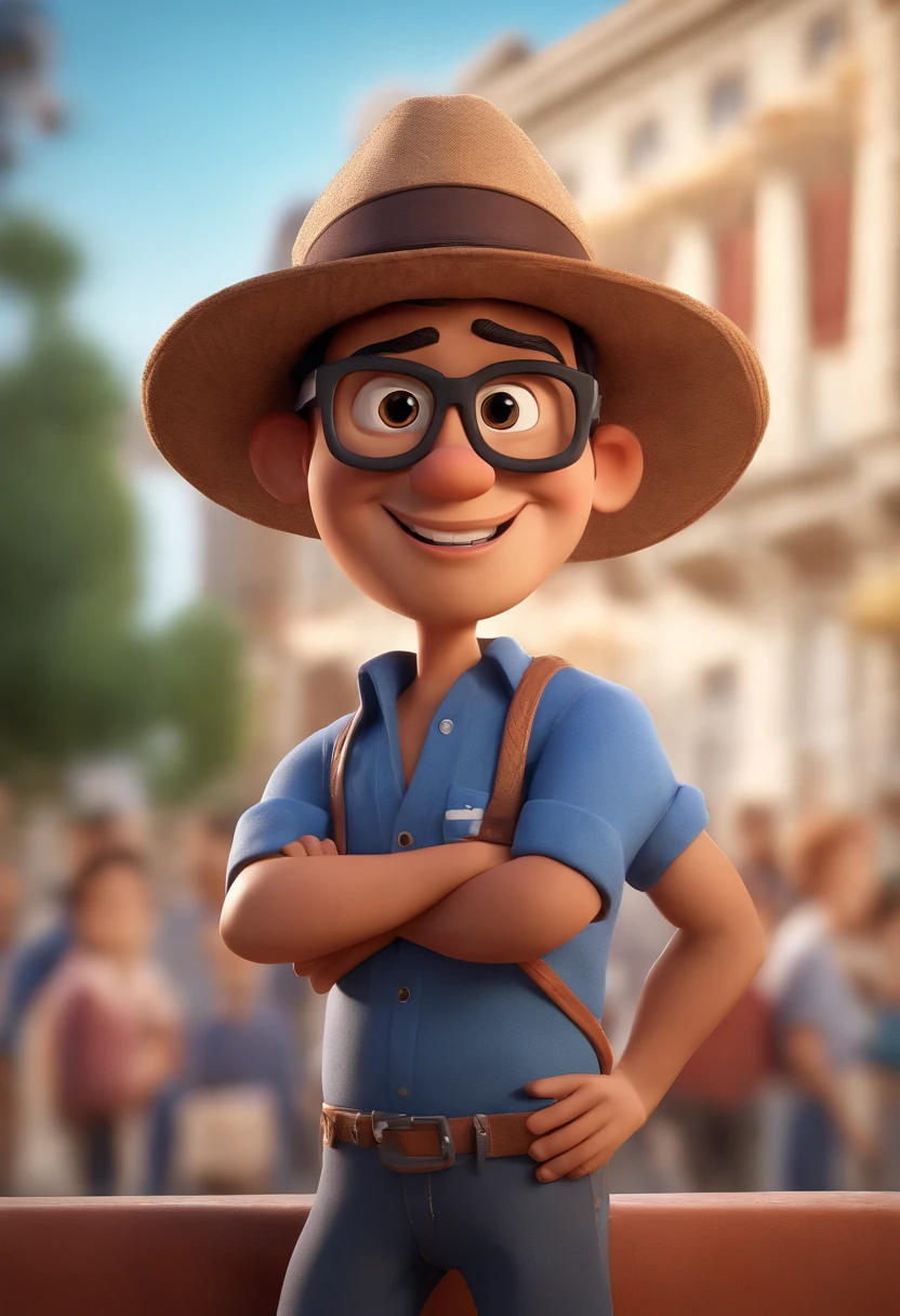 Cartoon character of a man with black glasses and a blue shirt, olhos verdes, animation character, Caractere estilizado, animation style rendering, 3D estilizado, Arnold Maya render, 3 d render stylized, toon render keyshot, Personagem 3D, Personagem 3D, 3d rendering stylized, 3 d character render, personagem de desenho animado, Personagem de close up, Pose de personagem, (Estilo Pixar) (master part:1.2) (Bokeh) (best quality) (pele detalhada) (textura detalhada) (8k) (argila) (Cinematic lighting) (foco nítido