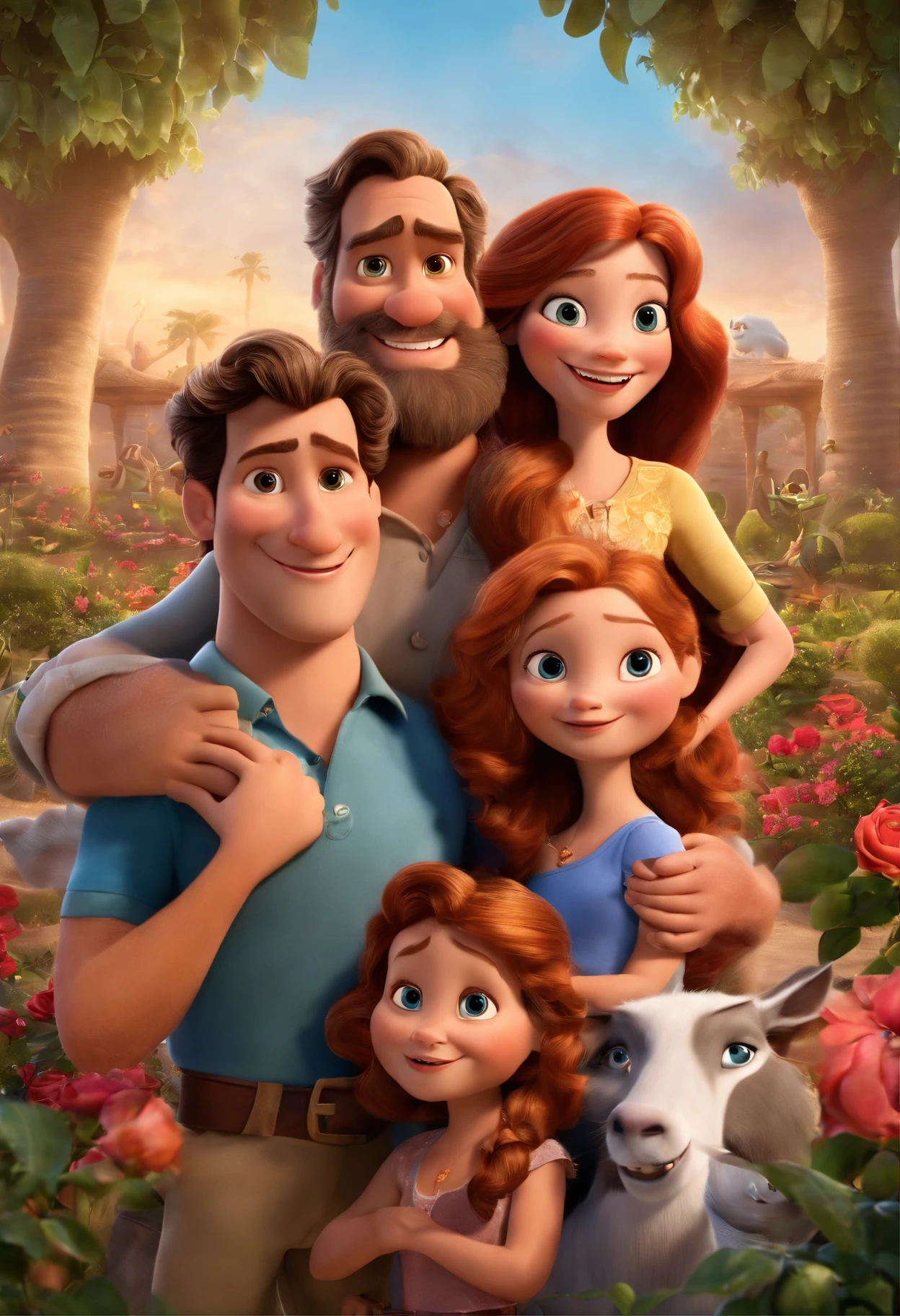 a Disney Pixar movie poster showing a white-skinned family. The father is the tallest, Tem barba curta, loiro, cabelos curtos e espinhosos. The mother has brown eyes and hair, shoulder-length and is slightly overweight. A tem 4 anos e cabelos castanhos, roupa rosa e rabos de cavalo. The background is a beach garden. 3D-rendering