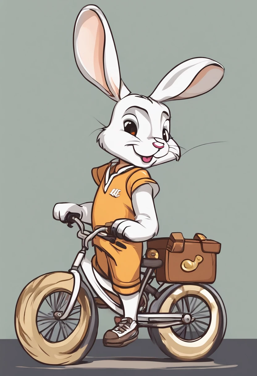 (((Cartoon Character 1.3)))，(((Wear a Nike T-shirt：1.2，A super cute bunny riding on a bike)))，((The rabbit rides on a bicycle with a big gold medal around his neck))，Wears a spotted vest on the top，Denim shorts on the bottom，Naughty expression，HD Real，Black eyes，Short ears，，HD picture，Sony SLR lens，Shoot at medium distance，Soft lighting，