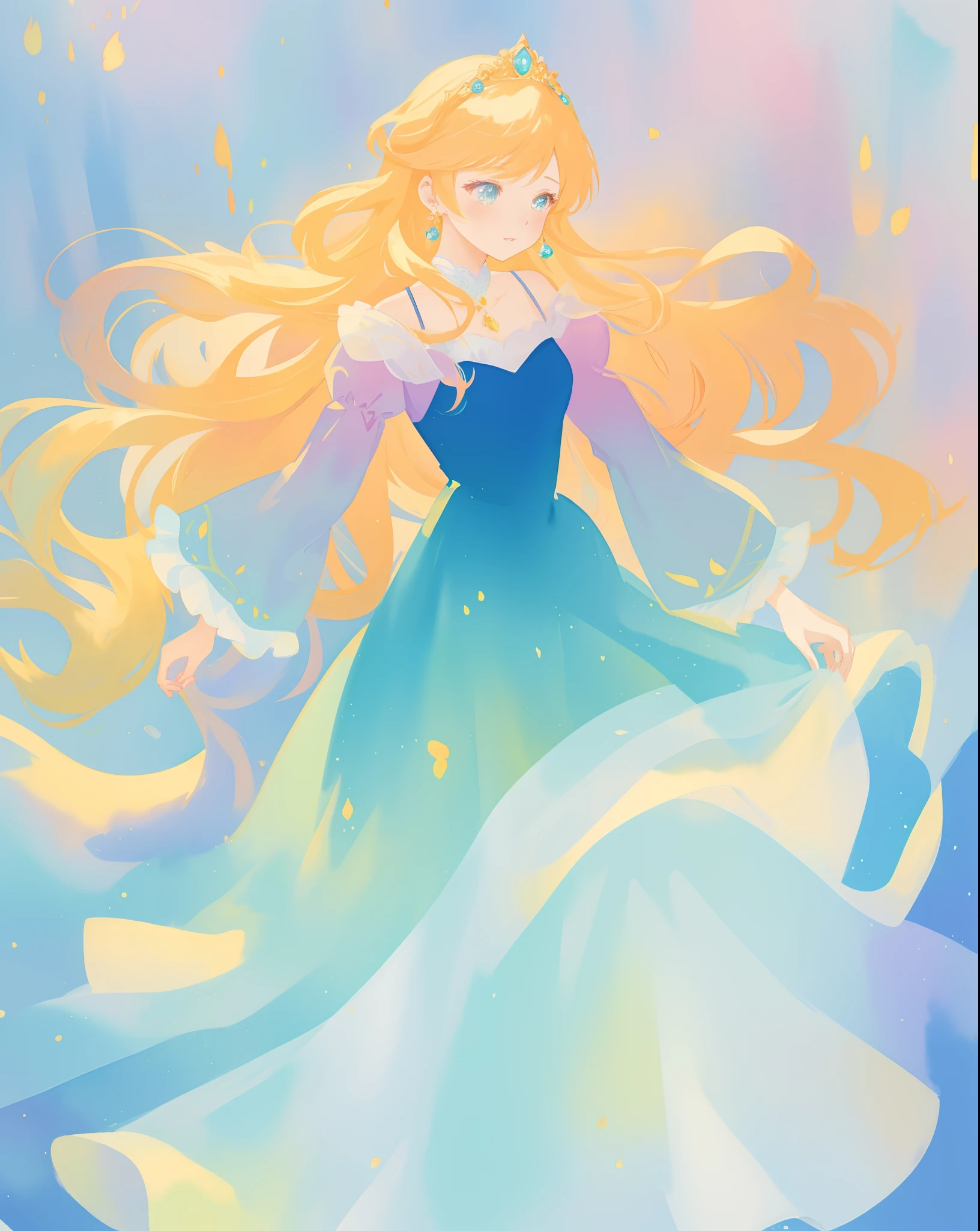 beautiful girl in gradient blue princess ballgown with puffy long sleeves, long flowing gold peach hair, liquid theme, vibrant pastel colors, colorful fantasia background, watercolor illustration, disney art style, beautiful digital illustration, beautiful, masterpiece, best quality, anime disney style, beautiful face
