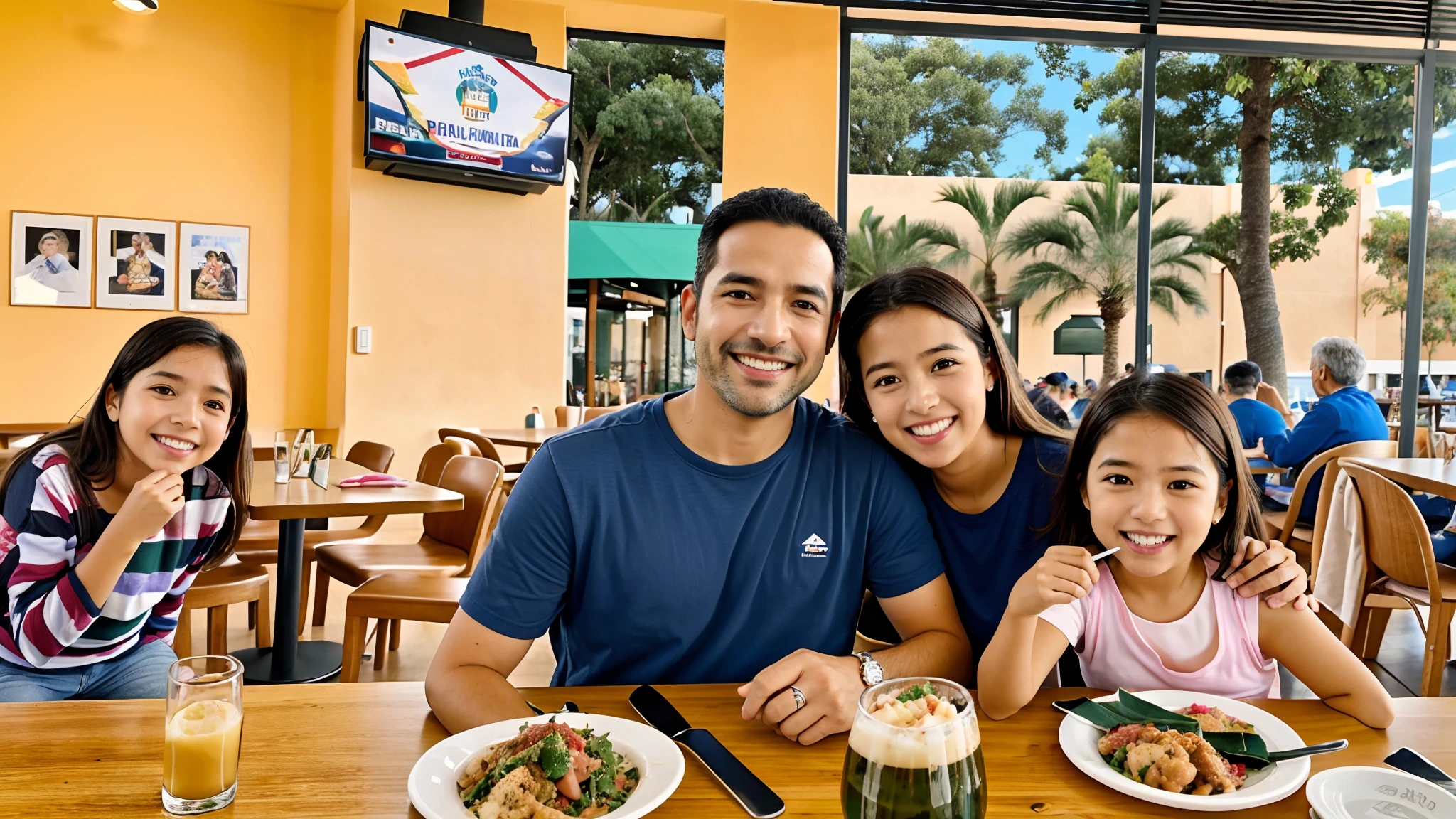 There is a man and a woman sitting at the table with a , vacation photo, Postagem 4k, 4 k post, Casal feliz, com montanhas ao fundo, Fotografia tirada em 2 0 2 0, momma and papa, divertindo-se, Family photo, Postagem no Reddit, standing in a restaurant, palmeiras no fundo