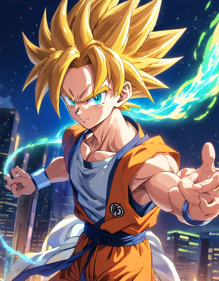 Gogeta de dragon ball super broly,Menino de 17 anos,cabelos negros, usando roupas modernas de cor laranja,wearing goggles,belos olhos e rosto,penteado legal,juvenile expression,pose confiante,Fundo Urbano,Artistic portrait,pintura digital,ultra-detalhado,Altas,Physically-based rendering,cores vibrantes,studio lighting,foco nítido,Bokeh,fotorrealista.
