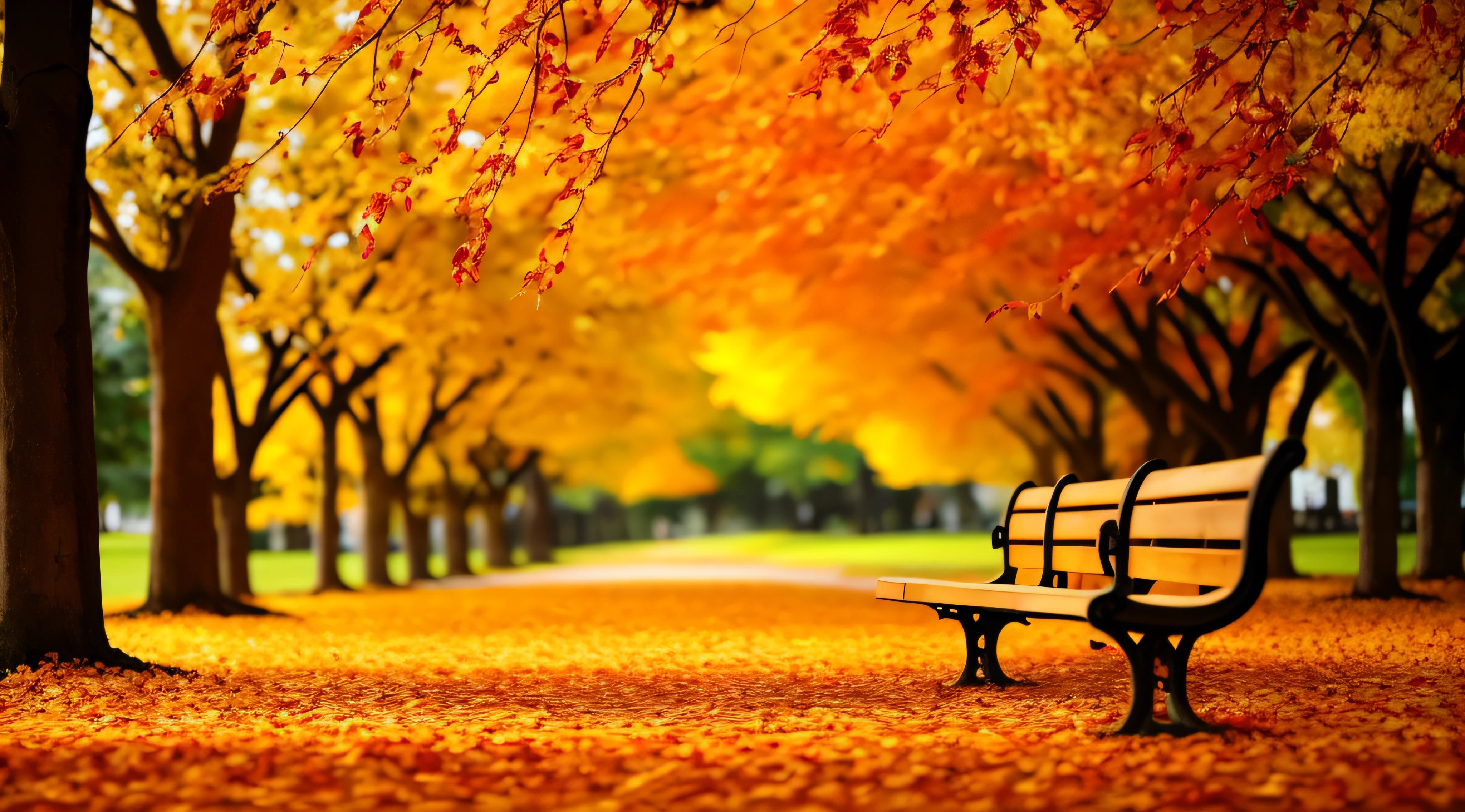 there is a bench that is sitting in the middle of a park, hd wallpaper, golden autumn, beautiful wallpaper, beautiful high resolution, in the autumn, autumn season, in autumn, during autumn, high quality desktop wallpaper, wallpaper hd, autumn tranquility, autum garden, in fall, autumn leaves falling, vibrant autumn colors, colorful hd picure, high quality wallpaper