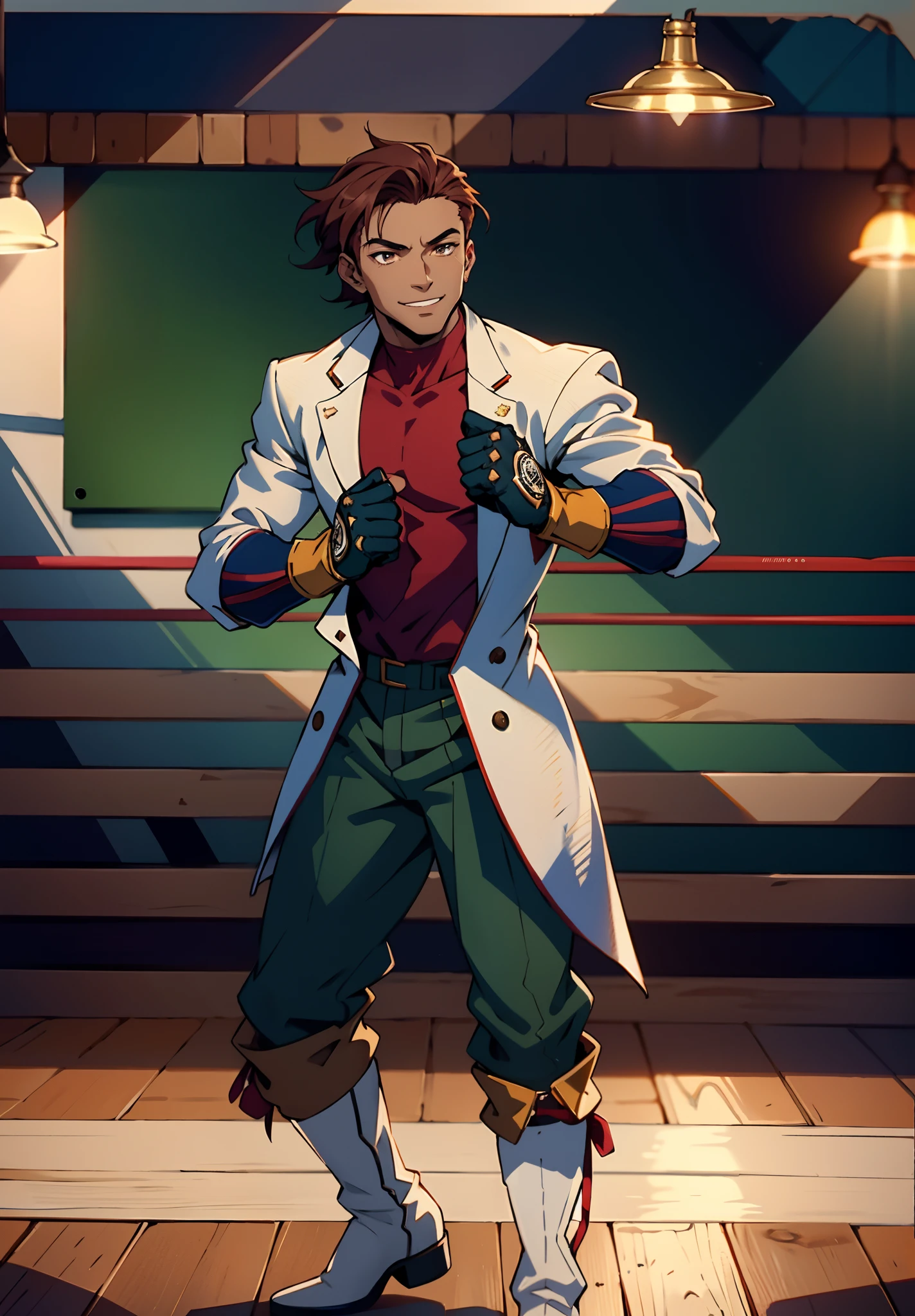 A young man, auburn hair, a center-parted back hairstyle, dark skin, narrow eyes, a cunning smile, a two-piece fantasy-reality style outfit, a white undershirt, a dark formal-style coat, wearing gloves, matching trousers with the outfit, has metallic-adorned knee-high boots, striking a boxing pose, against a background of horizon, this character embodies a finely crafted fantasy-reality style fighter in anime style, characterized by an exquisite and mature manga illustration art style, high definition, best quality, highres, ultra-detailed, ultra-fine painting, extremely delicate, professional, anatomically correct, symmetrical face, extremely detailed eyes and face, high quality eyes, creativity, RAW photo, UHD, 8k, Natural light, cinematic lighting, masterpiece-anatomy-perfect, masterpiece:1.5