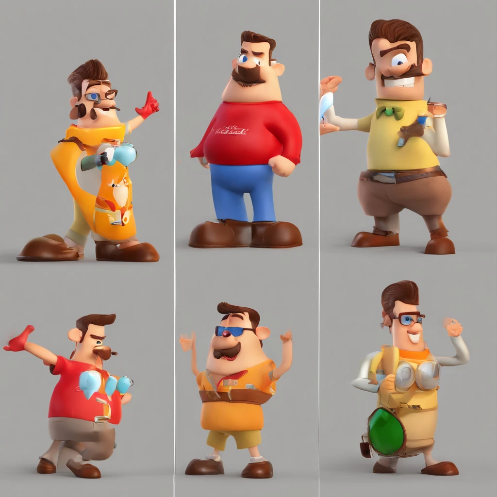 Criar um personagem no estilo Pixar. Trata-se de um homem de 30 anos, com barba, Branco, com cabelos castanhos curtos e um quiff, e olhos castanhos. Ele deve estar na frente de um computador, Trabalhar como designer