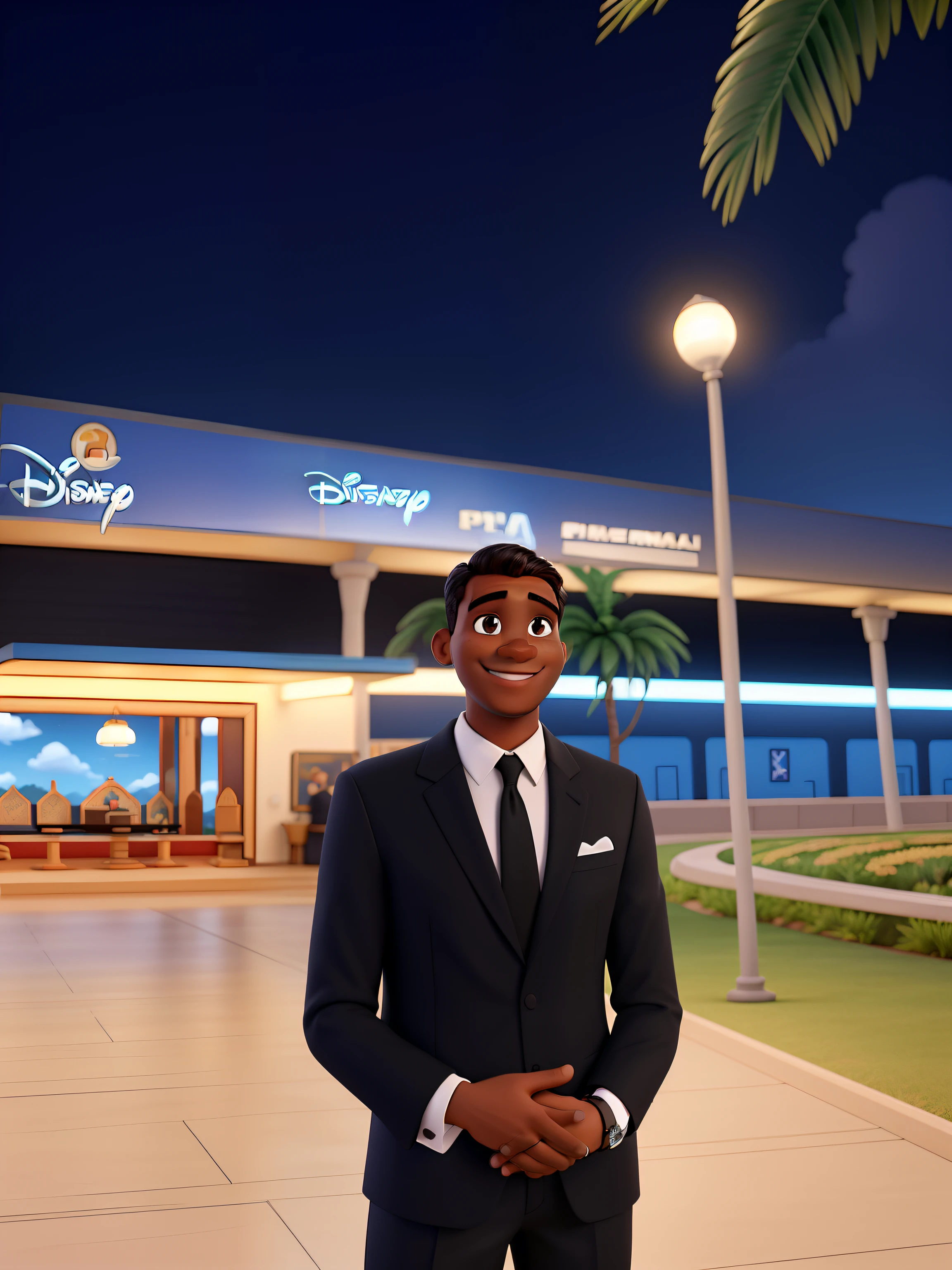 Poster no estilo de capa de filme da Disney pixar, alta qualidade, melhor qualidade, homem formal negro, 19 anos cabelo curto preto, usando um terno preto completo, with background in front of an assembly of God. Com um sorriso alegre e confiante, with a watch on your wrist