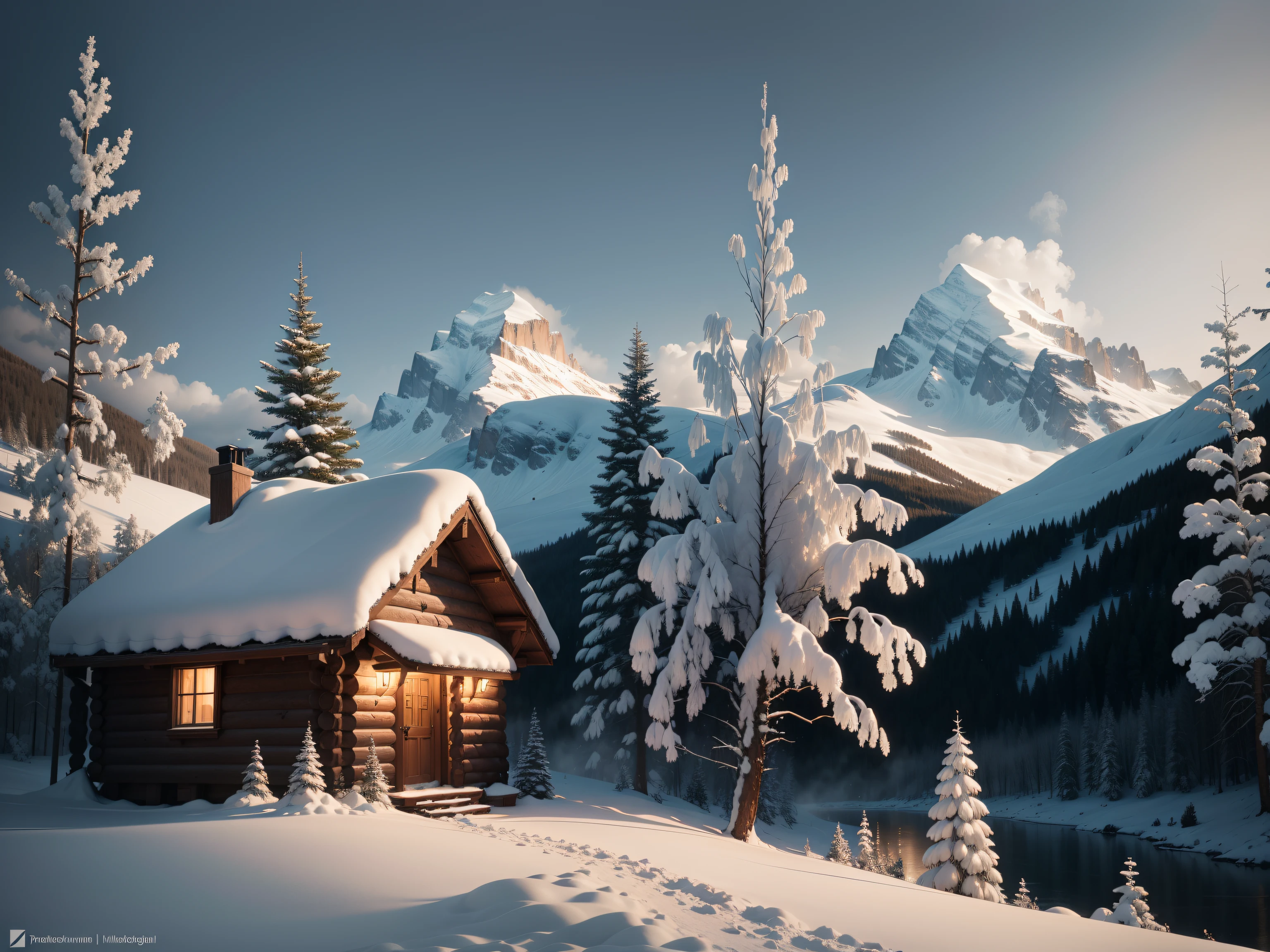 Snowy cabin in the mountains with a lake and trees - SeaArt AI