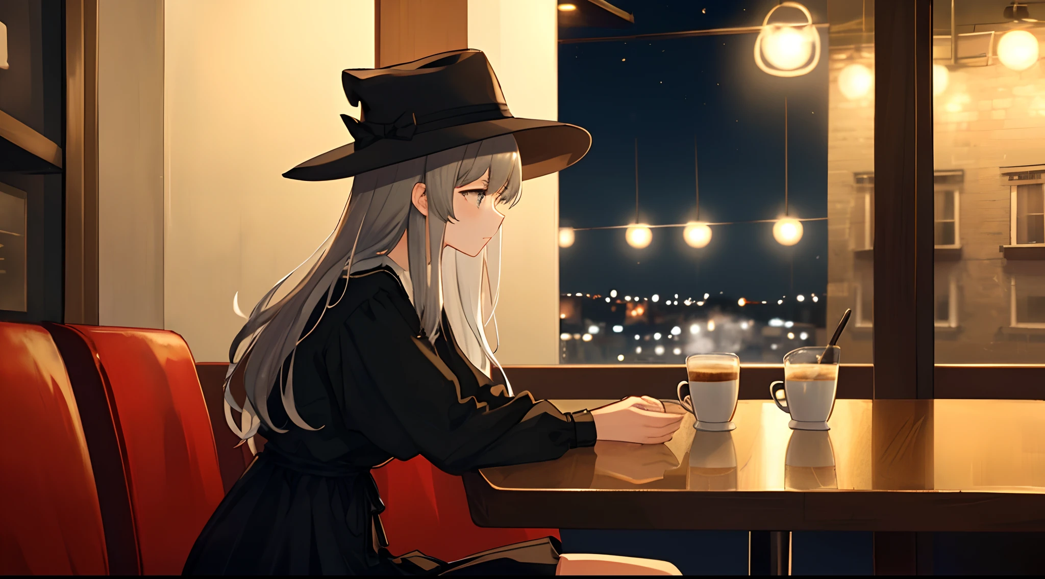 Gray-haired long-haired girl alone、He was wearing a big hat.、Wearing black clothes、Relaxing in a café at night、Watching the moment from the side、