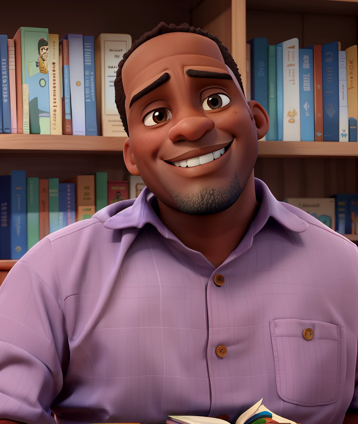 Man of Mozambican origin, adult, 40 years old, light brown skin, wide head, wide nose, smiling, sitting behind a table with books in the background, smiling, low hair, 3D pixar style.