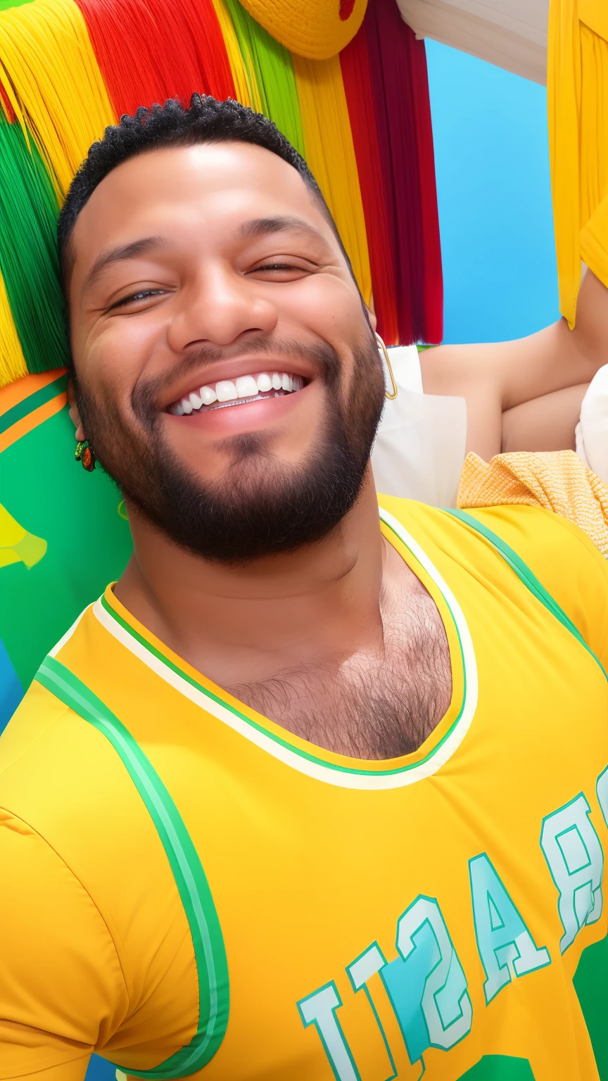 homem sorridente em camisa amarela com camisa verde e branca e cabelo preto, sorriso insano, sorriso detalhado, Homem de pele marrom com um sorriso gigante, imagem de perfil, sorriso torto, happily smiling at the camera, ridiculous smile, sorriso muito grande, sorriso muito grande, sorrindo e olhando diretamente, pequeno sorriso largo, 3 2 anos, sorriso largo, foto de perfil, sorriso orgulhoso