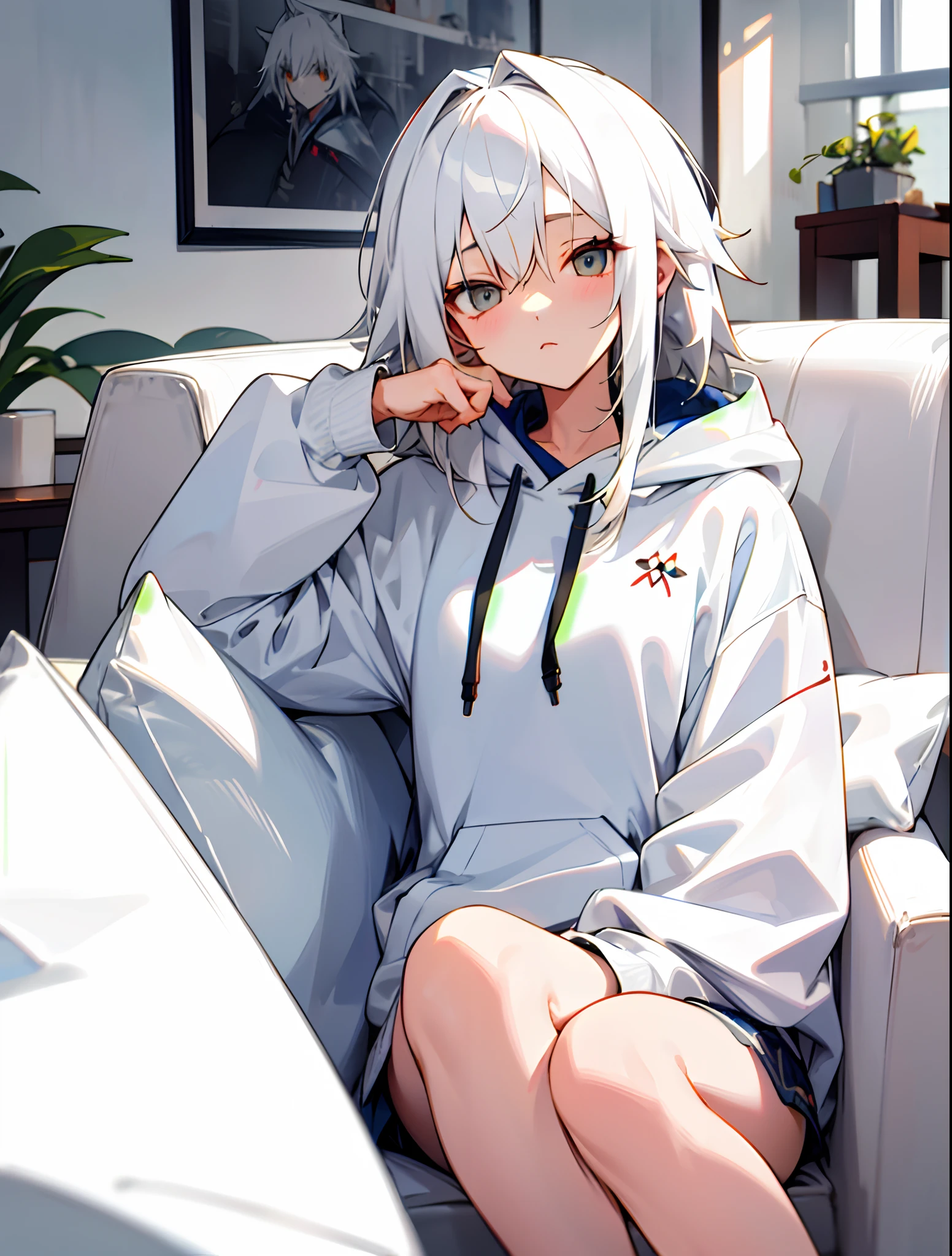 1girl, short ash grey hair, short ponytail, red eyes, wearing white hoodie, white swimsuit, hairpin, high res, ultrasharp, 8K, masterpiece, beach, palm trees, ice cream, laying in sunbench
