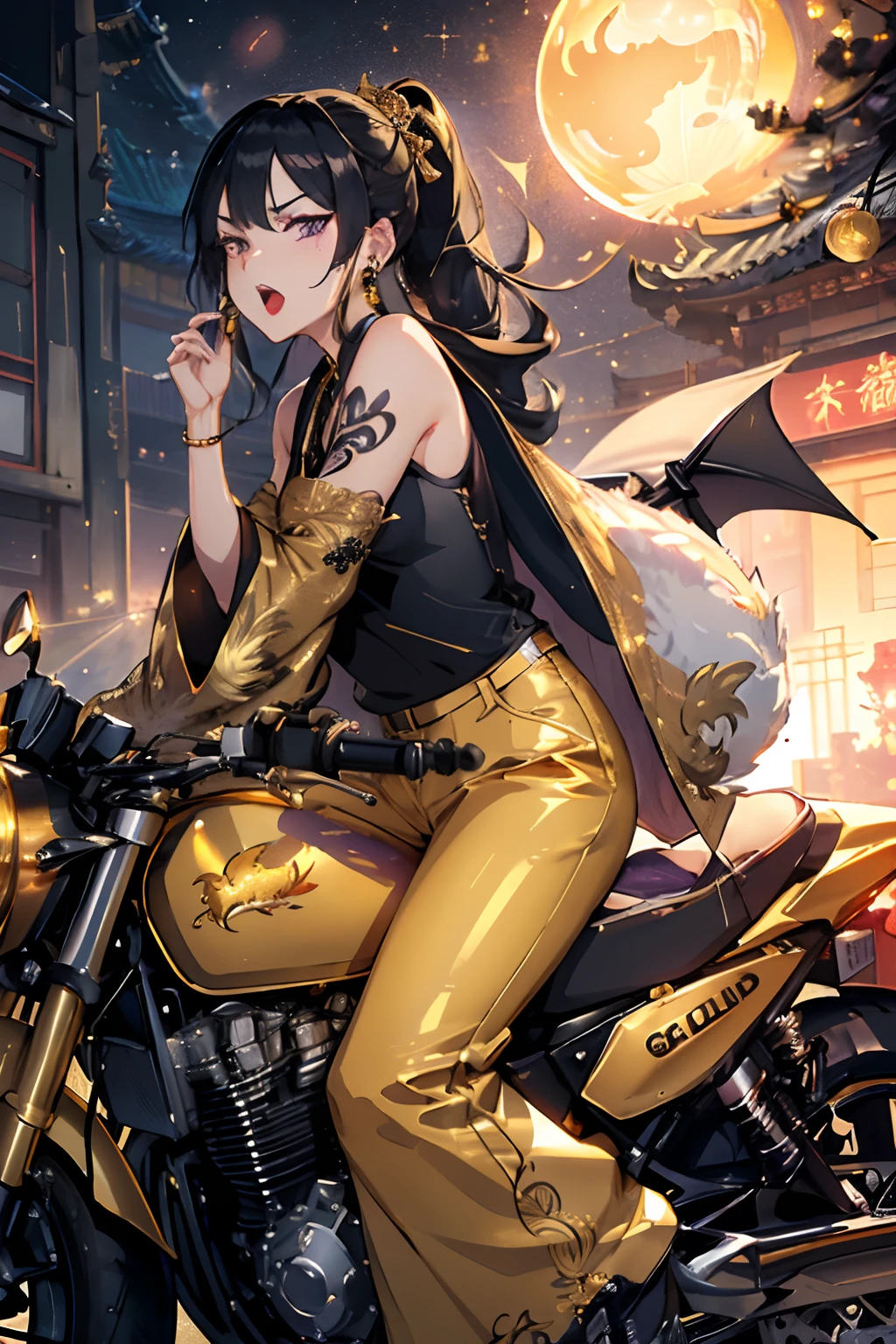 (master piece:1.4),ultra-quality, Hyper Detailed,Perfect drawing,3D Photography,16K illustrations、(((clearface)))、((Hi-Res))、1 persons、femele、(((Kimono)))、(((Riding a motorcycle)))、(((Wheelie)))、(A dark-haired)、(poneyTail),The tattoo、((Violet lipstick))、(Raised corners of the eyes)、((Outrage:1.1))、((chin raised))、(((opens his eyes wide)))、((despise:1.2)),((glares:1.2))、((Big open mouth:1.2))、(((Shout loud:1.3)))、((Wrinkles between the eyebrows))、(numerous piercings in the ears), BREAK (Gold Theme:1.5), ((Golden Outerwear, Oversized Golden Pants, Golden baggy pants): 1.4), (She wears a long golden coat with dragon embroidery over a black tank top:1.5), (Pump 1.2), (earrings:1.2), (Chinese charactersa, Chinese charactersa:1.2),((Old Style Motorcycle:1.3)),((Cruiser Bike:1.2)),((high speed))、(((nocturnal)))、(Night)、((Shining in Gold))、(((Giant Golden Sphere)))、(((metalic)))、((Feeling of sprinting))、(((Dynamic Actions)))、Detailed drawing、((Sense of speed))、Glitter、(((shiny and)))、(((Reflectors)))、glint、Dazzling、(((Glitter)))、
