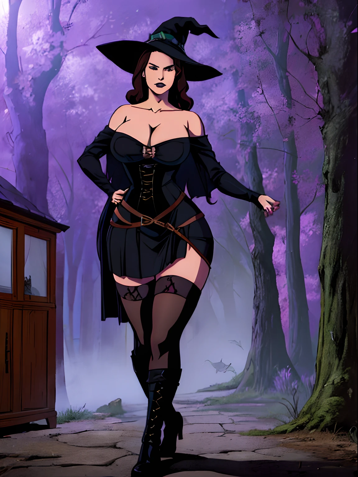 (masterpiece, top quality, best quality, official art, beautiful and aesthetic:1.2), (1girl:1.3), long and curly dark brown hair, wicked grin, Victorian style, extremely detailed, portrait, looking at viewer, solo, (full body:0.6), detailed background, close up, mischievous eyes, (cold midnight castle theme:1.1), extremely busty witch, huge lips, charlatan, smirk, mysterious, being seductive by a cottage in the forest, witch hat, broom, cauldron, revealing gothic witch dress, lace, extremely tight bodice, black attire, black skirts, long sleeves, loose sleeves, black leather, cloak, corset, black dress, fishnets, thigh high black boots, buckles, straps, pouches, glowing green magic energy, dark purple fabric, silver trim, black leather, gigantic breasts, cleavage, skindentation, slim waist, slim hips, long legs, medieval (forest cottage exterior:1.1) background, nighttime, dark mysterious lighting, shadows, magical atmosphere, dutch angle