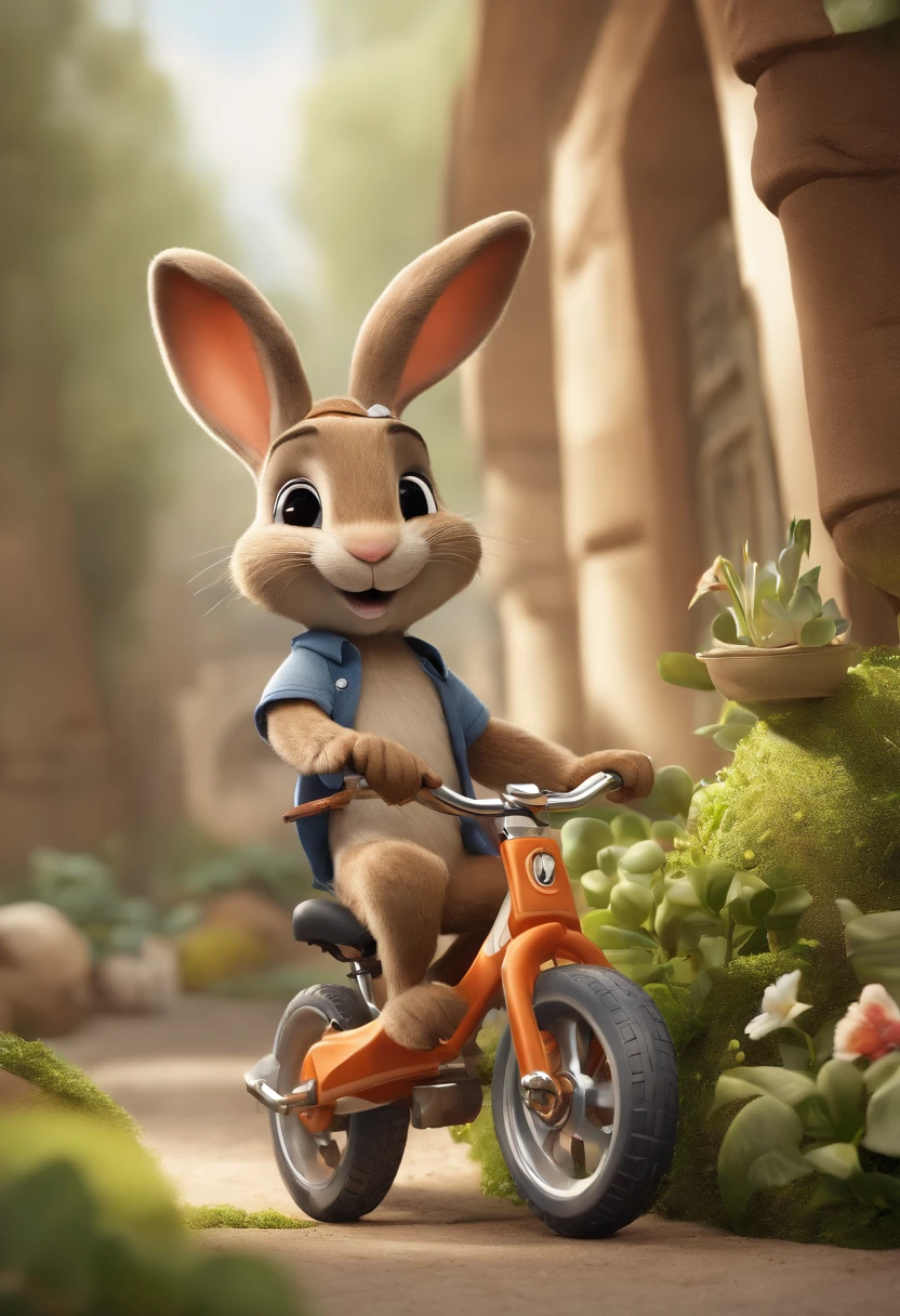 (((Cartoon Character 1.3))),(((Wear a Nike T-shirt:1.2,A super cute bunny riding on a bike))),(A rabbit carrying a tortoise rides on a bicycle)),Wears a spotted vest on the top,Denim shorts on the bottom,Naughty expression,HD Real,Black eyes,Flying figure,HD picture,Sony SLR lens,Shoot at medium distance,Soft lighting,