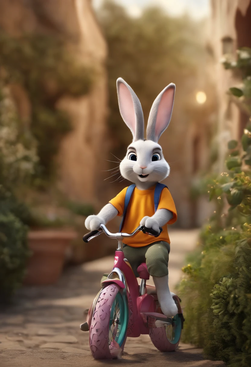 (((Cartoon Character 1.3))),(((Wear a Nike T-shirt:1.2,A super cute bunny riding on a bike))),(A rabbit carrying a tortoise rides on a bicycle)),Wears a spotted vest on the top,Denim shorts on the bottom,Naughty expression,HD Real,Black eyes,Flying figure,HD picture,Sony SLR lens,Shoot at medium distance,Soft lighting,
