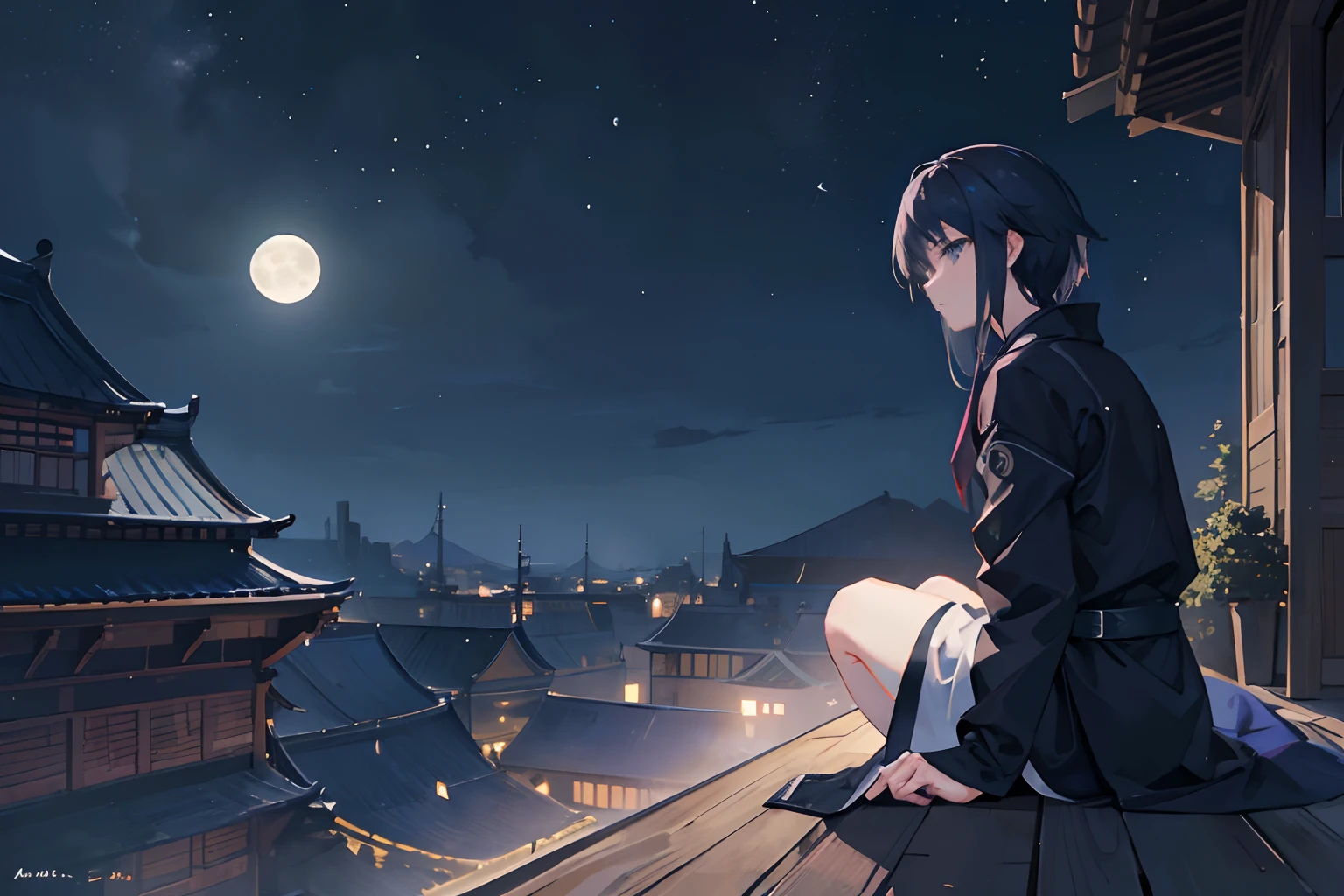 Create exquisite illustrations reminiscent of Makoto Shinkai's style, It has ultra-fine details and top-notch quality. Create an illustration of a mystical night with a full moon, depicting a lone ninja sitting on the rooftop of a house, gazing at the moon. The quiet atmosphere of the night enhances the fantastical ambiance, and the moonlight casts enchanting shadows, emphasizing the ninja's mysterious presence. Capture the serenity of the night and the ninja's introspective moment under the captivating moon.