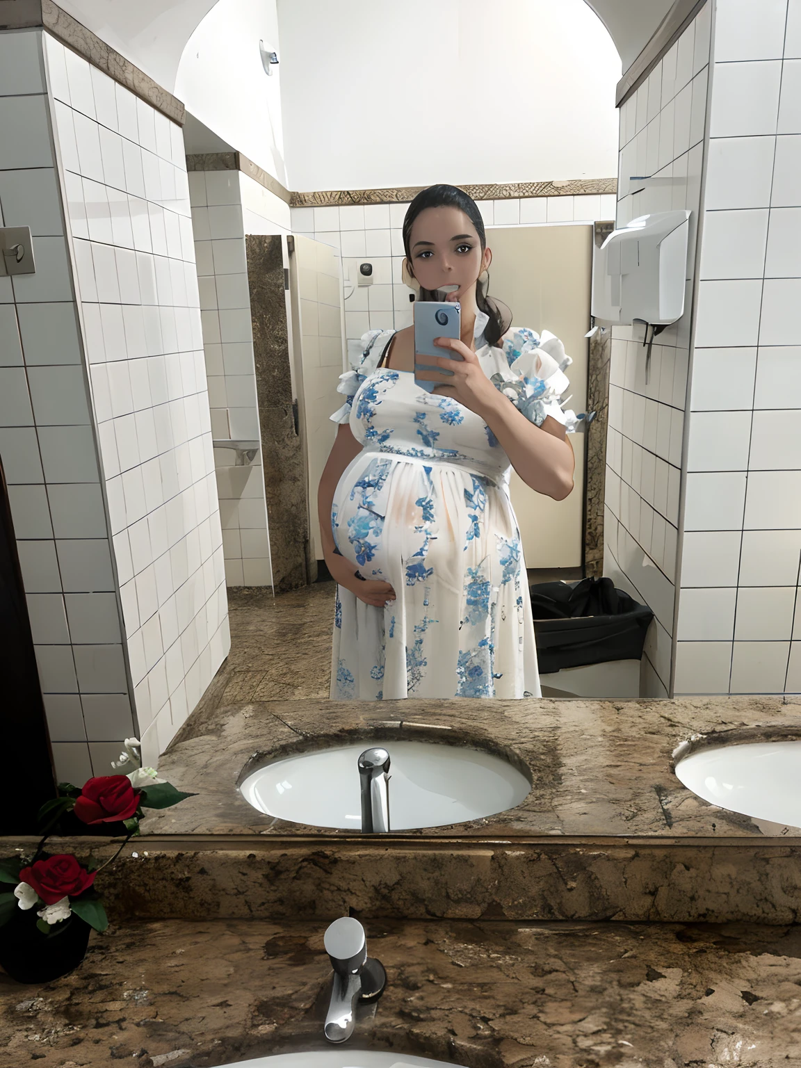 Pregnant woman taking a selfie in a public toilet mirror, pregnant belly, no banheiro, em frente a um espelho, em um banheiro, vestindo um vestido hospitalar branco, vestindo uma bata hospitalar, no hospital em vestido de paciente, pregnant, usando um longo vestido florido, usando um vestido folkdrakt branco, tiro de corpo inteiro, vestindo chiton floral