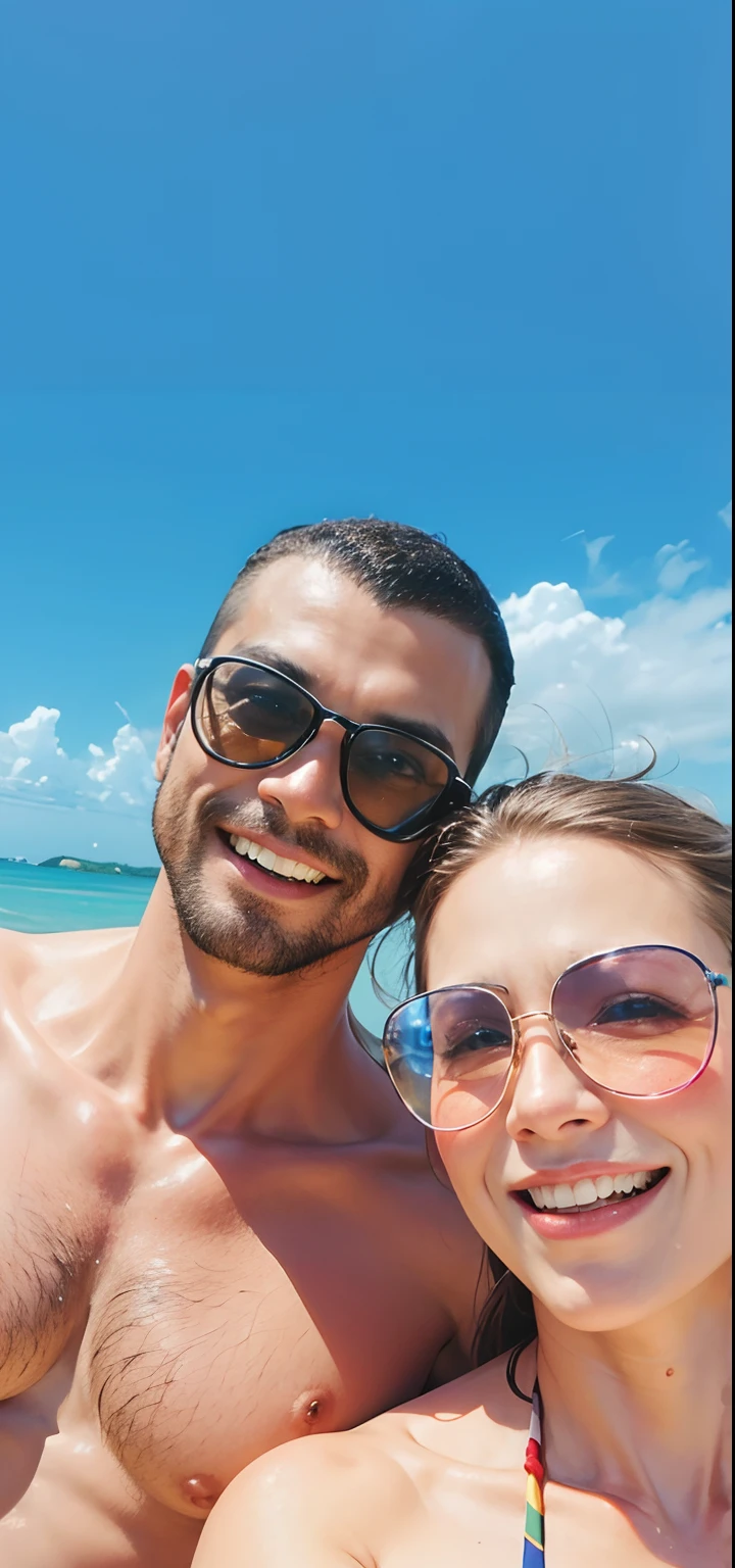 Um casal na praia. Brunette man with sunglasses and a white woman with sunglasses. Alta qualidade.