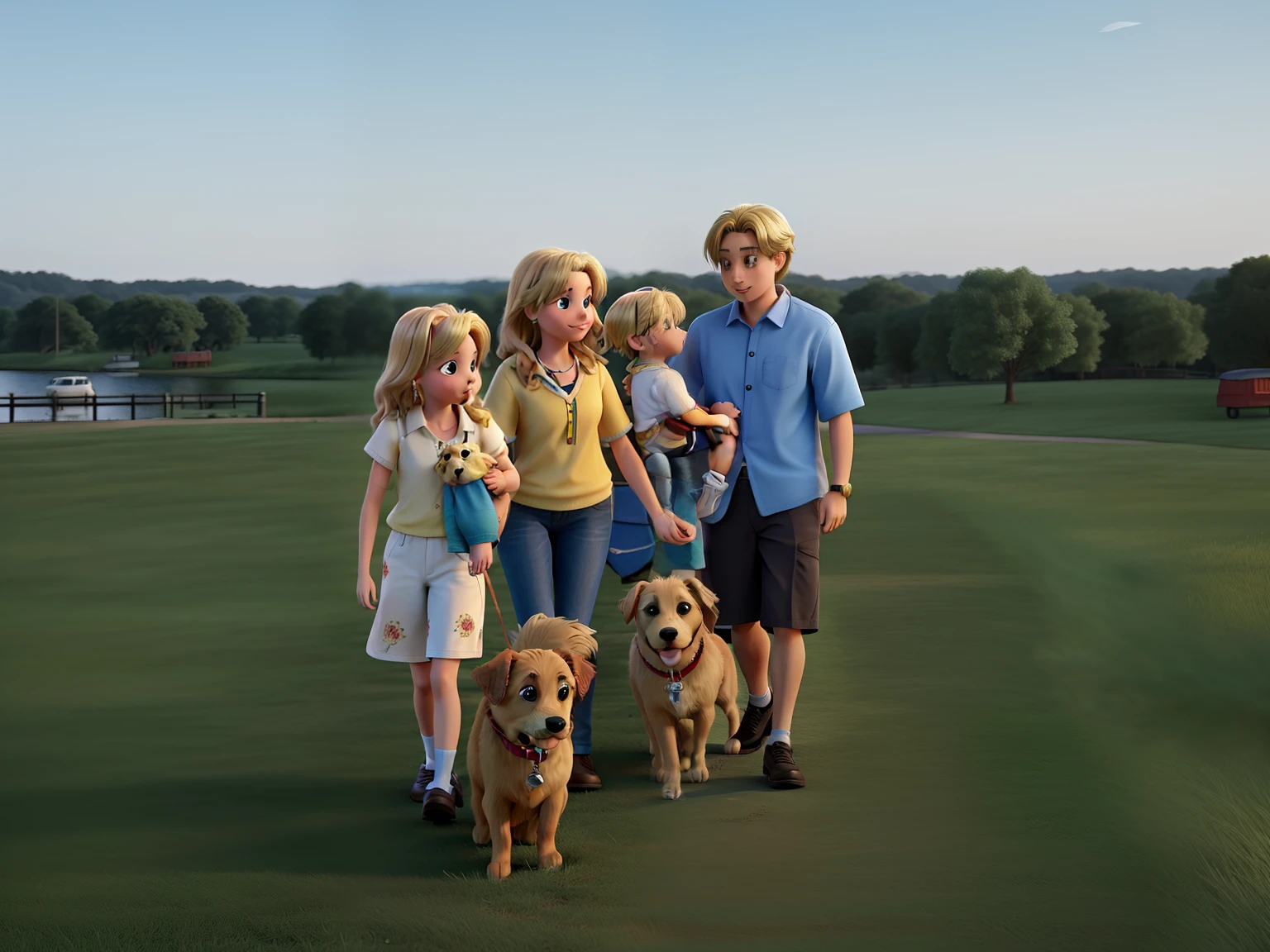 A family with a Golden retrivier