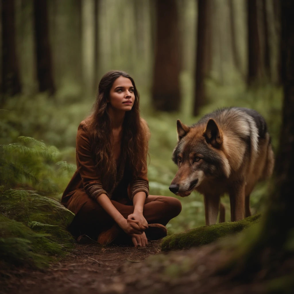 Menina loira na floresta gelada，Next to it is a big brown wolf.