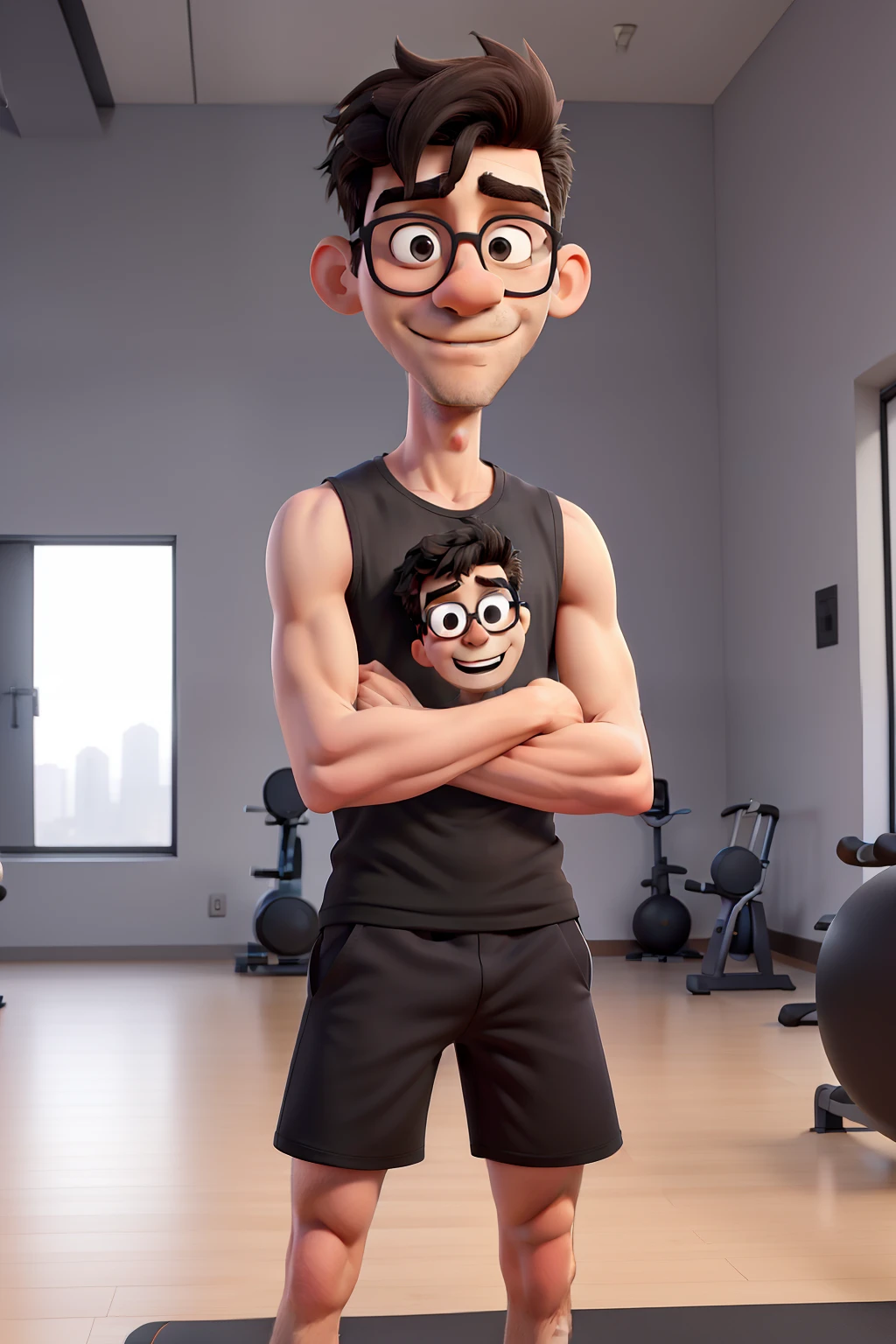masterpiece, best quality, an young thin man at gym with glasses and long black hair, wearing a sleeveless grey t-shirt and black shorts crossing arms
With a mustache and thin beard