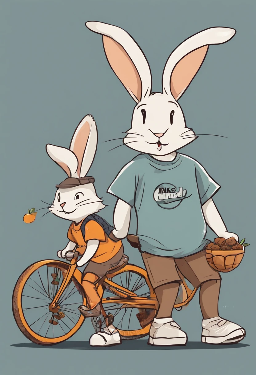 (((Cartoon Character 1.3))),(((Carrying a tortoise、Wear a Nike T-shirt:1.2,A super cute bunny riding on a bike))),(A rabbit carrying a tortoise rides on a bicycle)),Wears a spotted vest on the top,Denim shorts on the bottom,Naughty expression,HD Real,Black eyes,Flying figure,HD picture,Sony SLR lens,Shoot at medium distance,Soft lighting,