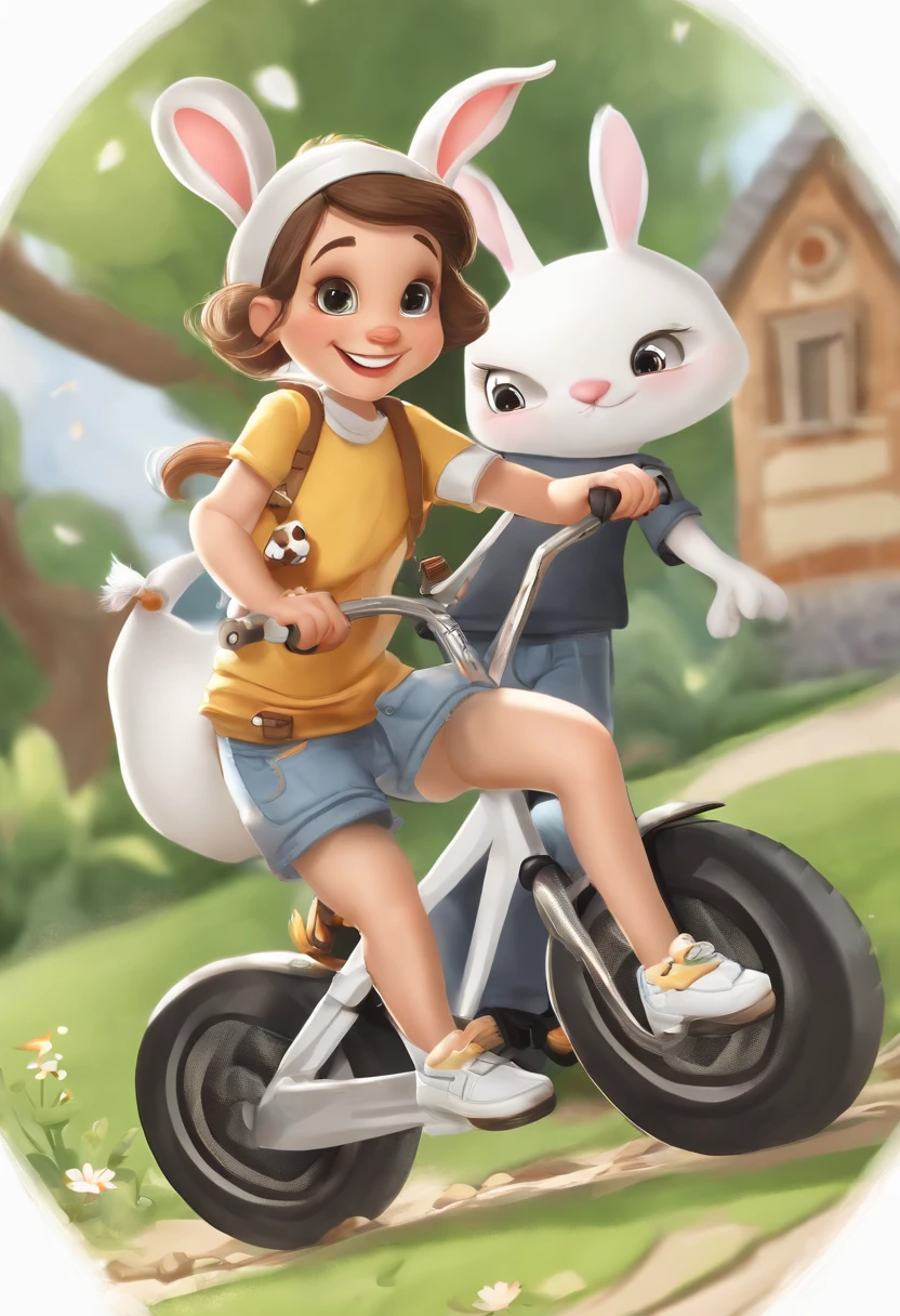 (((Cartoon Character 1.3))),(((Carrying a tortoise、Wear a Nike T-shirt:1.2,A super cute bunny riding on a bike))),(A rabbit carrying a tortoise rides on a bicycle)),Wears a spotted vest on the top,Denim shorts on the bottom,Naughty expression,HD Real,Black eyes,Flying figure,HD picture,Sony SLR lens,Shoot at medium distance,Soft lighting,