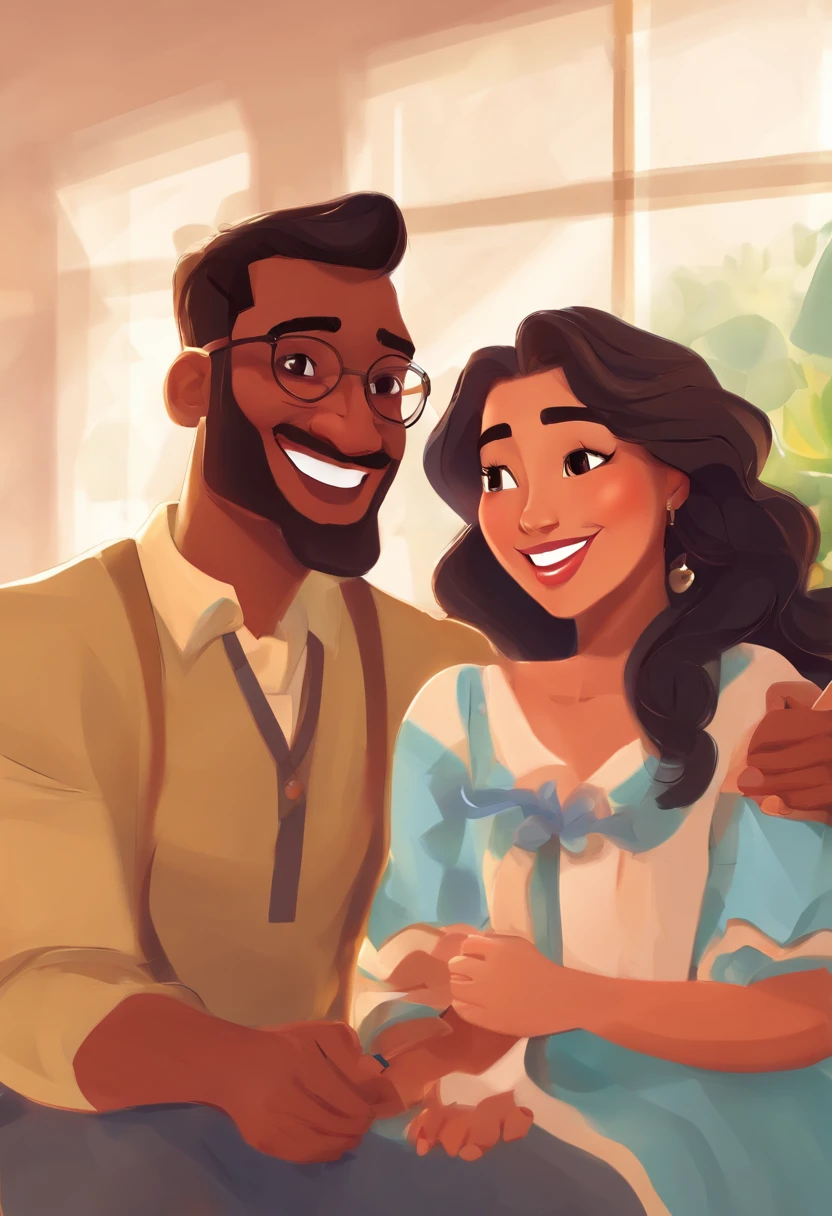 An illustration of an adorable couple, Highlight for a chubby mulatto man with smiling glasses and a brunette woman with beautiful expressive eyes - the man's skin is mulatto and the man's hair has, while the woman's skin is black and the woman's hair is straight and brown. They are a bright room, cada um com um sorriso no rosto, e compartilhar um momento especial caracterizado pelo amor, Insights. Illustrate this scene from a perspective where they are facing the camera, Smiling and Showing Your Connection. Desenvolva esta arte em Full HD, Focus on your cinematic touch, Estilo Disney Pixar Animations