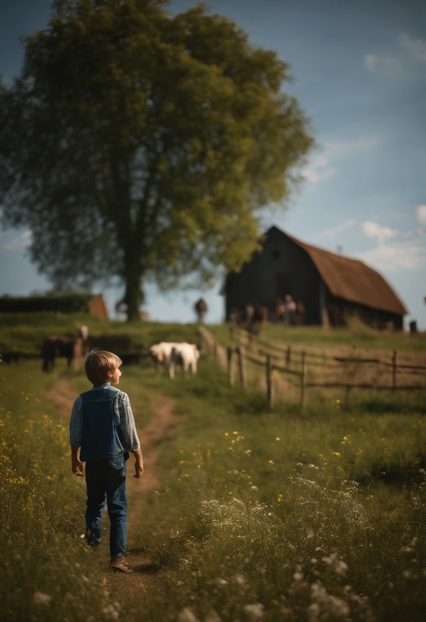 (35mmstyle: 1.2), Highly detailed RAW color photo, full body, highly detailed, hyperdetailed, complex), (lens flare:0.7), (bloom:0.7), particle effects, raytracing, cinematic lighting, shallow depth of field , photographed on a Sony a9 II, 35mm wide angle lens, sharp focus, Gravity 2013 motion picture, rear view, dynamic angle, -old schving with his parents and 2 sisters, small cottage in small farm with few farm animals in a rural area.