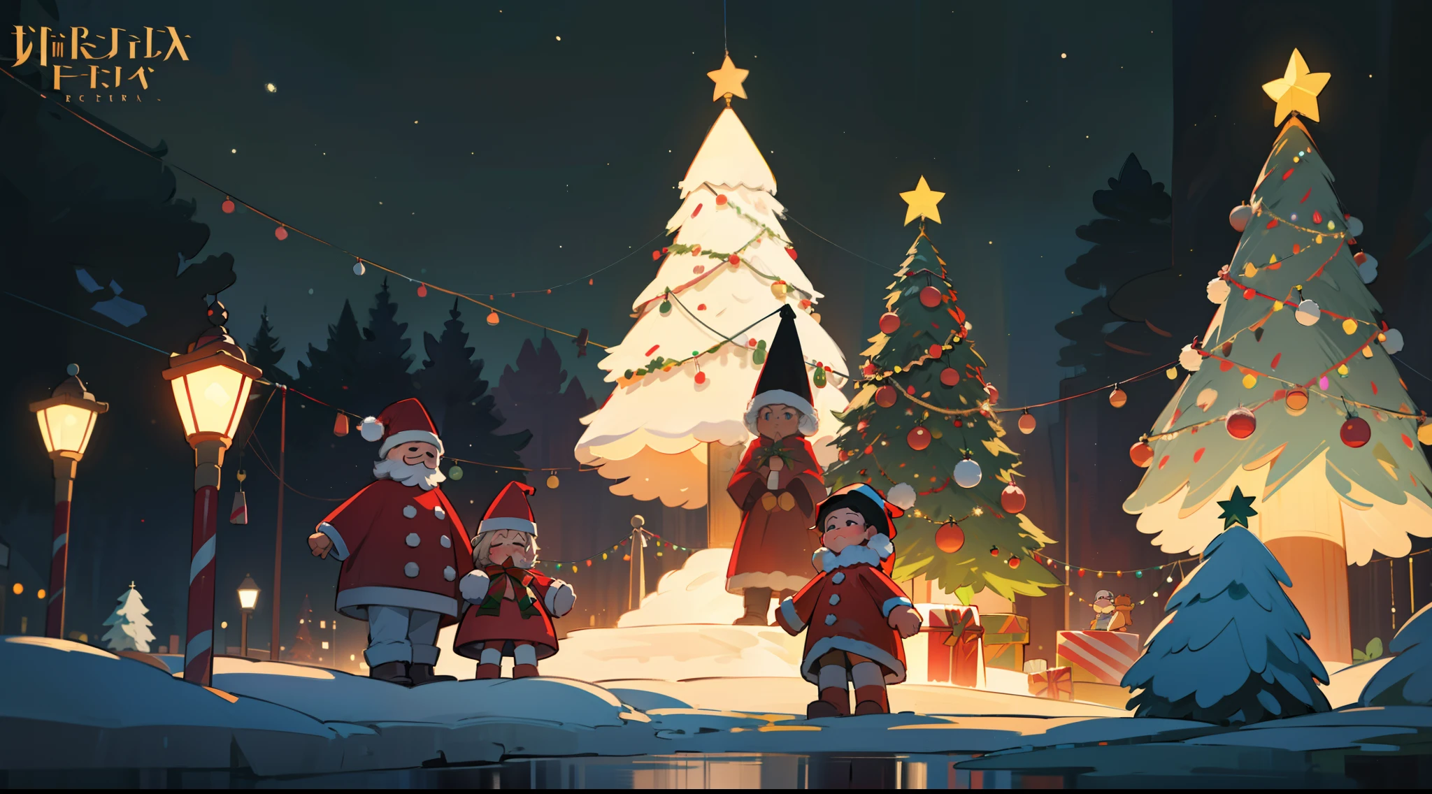 best qualtiy，16k，8K，True exposure，Ray traching，Excellent image quality，Christmas poster，Childlike，Christmas atmosphere，A real Christmas tree，pompon，bell，Luminous colored light bar，outside，Chilling，Santa Claus hat，Christmas decorations are hung on the wall，snowflower