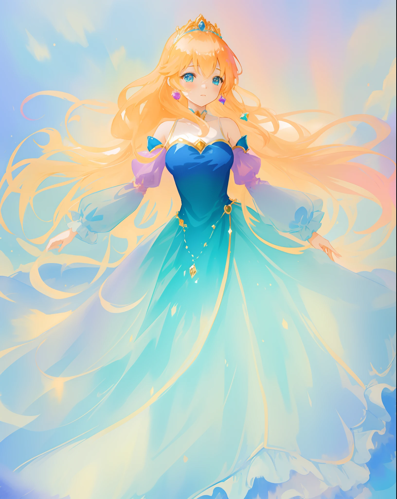 beautiful anime girl in gradient blue princess ballgown with puffy long sleeves, long flowing gold peach hair, liquid theme, vibrant pastel colors, colorful fantasia background, watercolor illustration, disney art style, beautiful digital illustration, beautiful, masterpiece, best quality, anime disney style, beautiful face