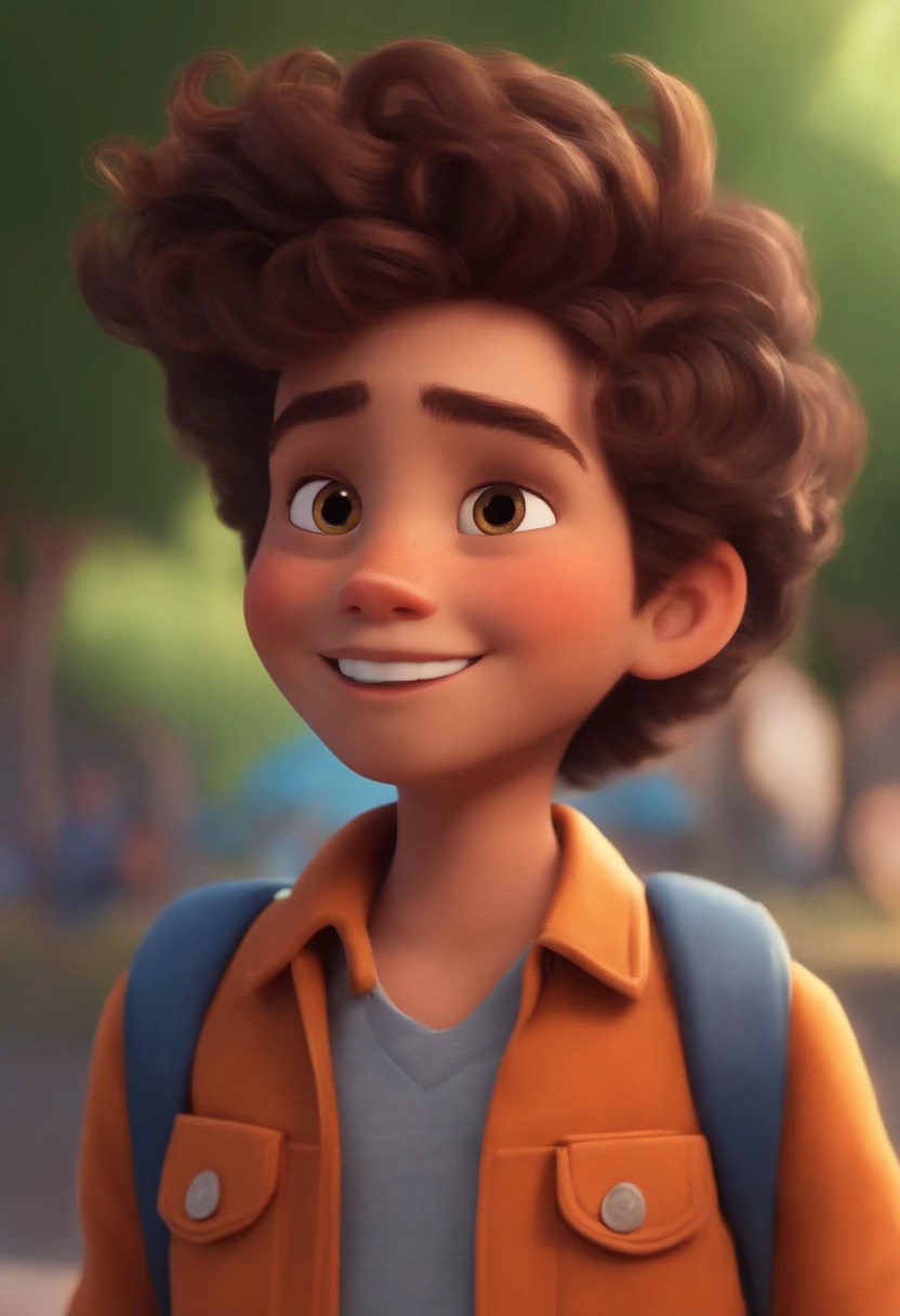 Image of a boy for a story in a YouTube video in Pixar format, He's the allabester, He's the class leader, He's outgoing, Playful and gets up for a lot of things, cabelo curto