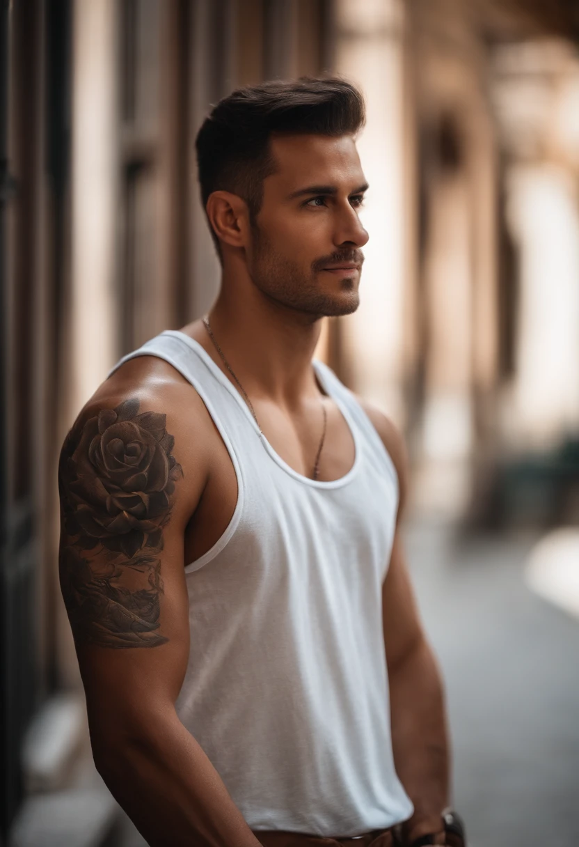 There is a man with a tattoo on his arm and a white tank top, taken in the early 2020s, usando uma camiseta regata de corte baixo, looking away from camera, nice afternoon lighting, Looking away from the camera, Homem magro com pele bronzeada clara, foto de um homem, looking to the side off camera, suave em segundo plano, Disney pixar 3d style photoshoot