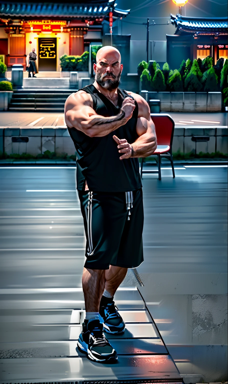 White male, very muscular, bald headed, thick black beard, wearing black shorts, black tank top, standing in kung fu stance, in Tokyo at night, next to the Great Wall, ultra realistic, 8k, cinematic style, movie lighting,