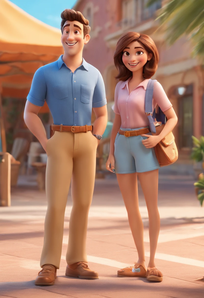Cartoon of friends having fun on vacation together,  3D Animation Movie Poster, Poster de filme animado, pixar 3 d animation style, pixar renderman rendering, maia 8 mil, animated film, Disney Pixar Estilo 3D, amigos felizes saem juntos, all wearing light blue shirts and cream brown long pants, camisa azul clara, cream brown pants, ao ar livre, vacation, Disney Pixar Animation Poster