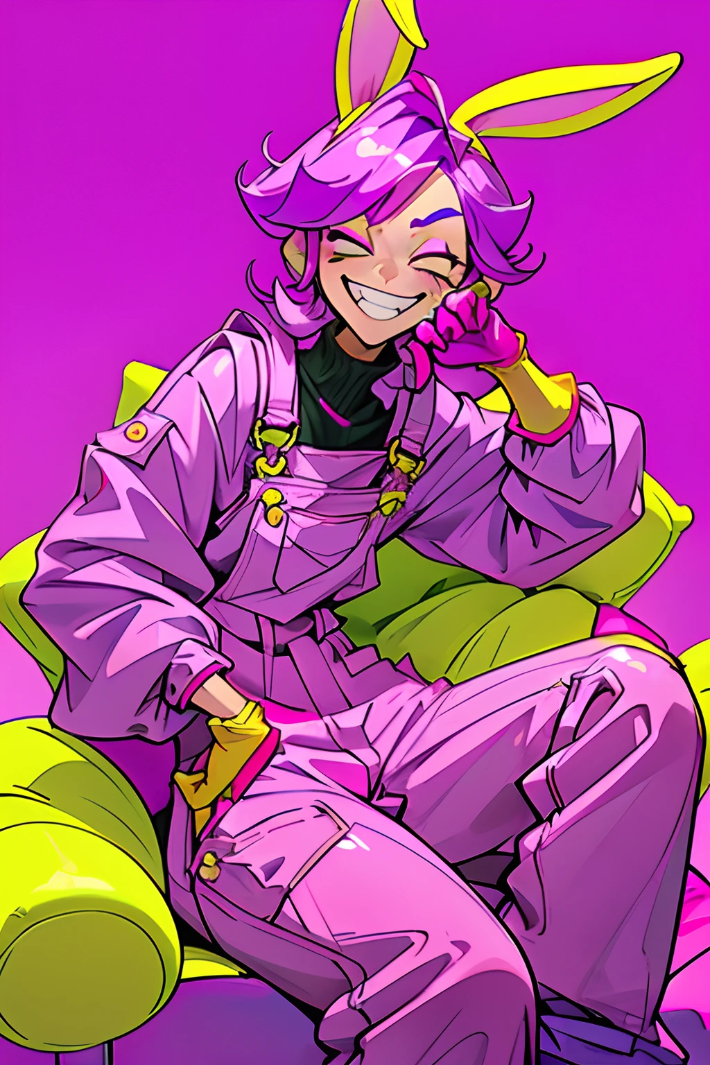 kpop boy wearing a soft purple turtle neck outfit, sit pose, poser, with a pink fuchsia-colored overalls , yellow gloves, smile with teeth, purple rabbit ear, smirk rizz face, attractive pose cannot be ressist