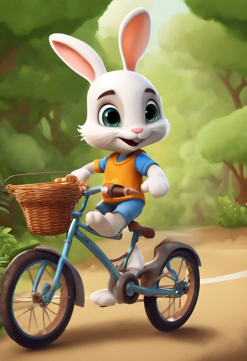 (((Cartoon Character 1.3)))，(((Carrying a tortoise、Wear a Nike T-shirt：1.2，A super cute bunny riding on a bike)))，(A rabbit carrying a tortoise rides on a bicycle))，Wears a spotted vest on the top，Denim shorts on the bottom，Naughty expression，HD Real，Black eyes，Flying figure，HD picture，Sony SLR lens，Shoot at medium distance，Soft lighting，tmasterpiece