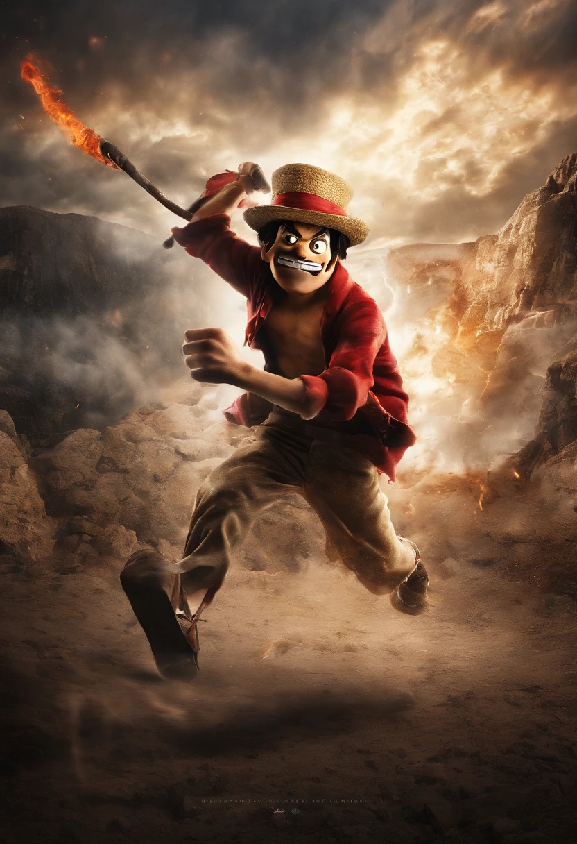 Create an exciting poster with Luffy from "one piece" em um ataque de raiva, wolf head. Capture the essence of his fiery determination and unyielding spirit as he unleashes his wrath on his enemies. Mantenha-o curto, ousado, e intenso para transmitir o poder bruto da raiva de Luffy. Chibi formado, anime