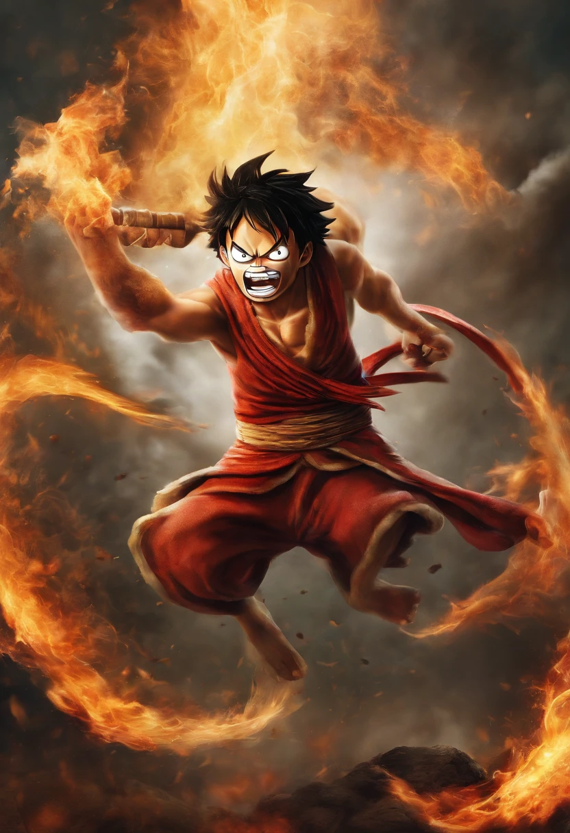 Create an exciting poster with Luffy from "one piece" em um ataque de raiva, wolf head. Capture the essence of his fiery determination and unyielding spirit as he unleashes his wrath on his enemies. Mantenha-o curto, ousado, e intenso para transmitir o poder bruto da raiva de Luffy. Chibi formado, anime