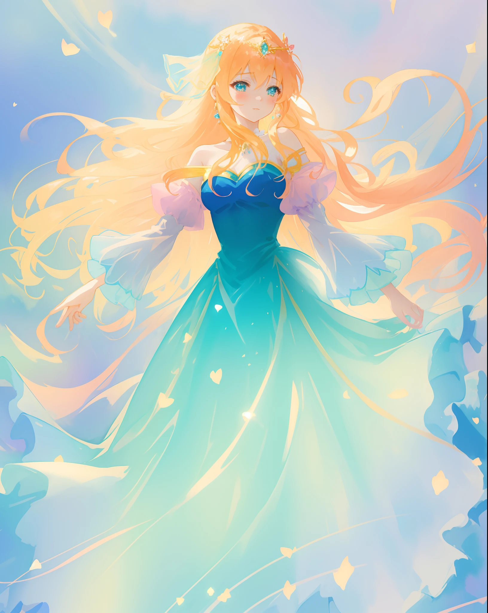 beautiful anime girl in gradient blue princess ballgown with puffy long sleeves, long flowing gold peach hair, liquid theme, vibrant pastel colors, colorful fantasia background, watercolor illustration, disney art style, beautiful digital illustration, beautiful, masterpiece, best quality, anime disney style, beautiful face