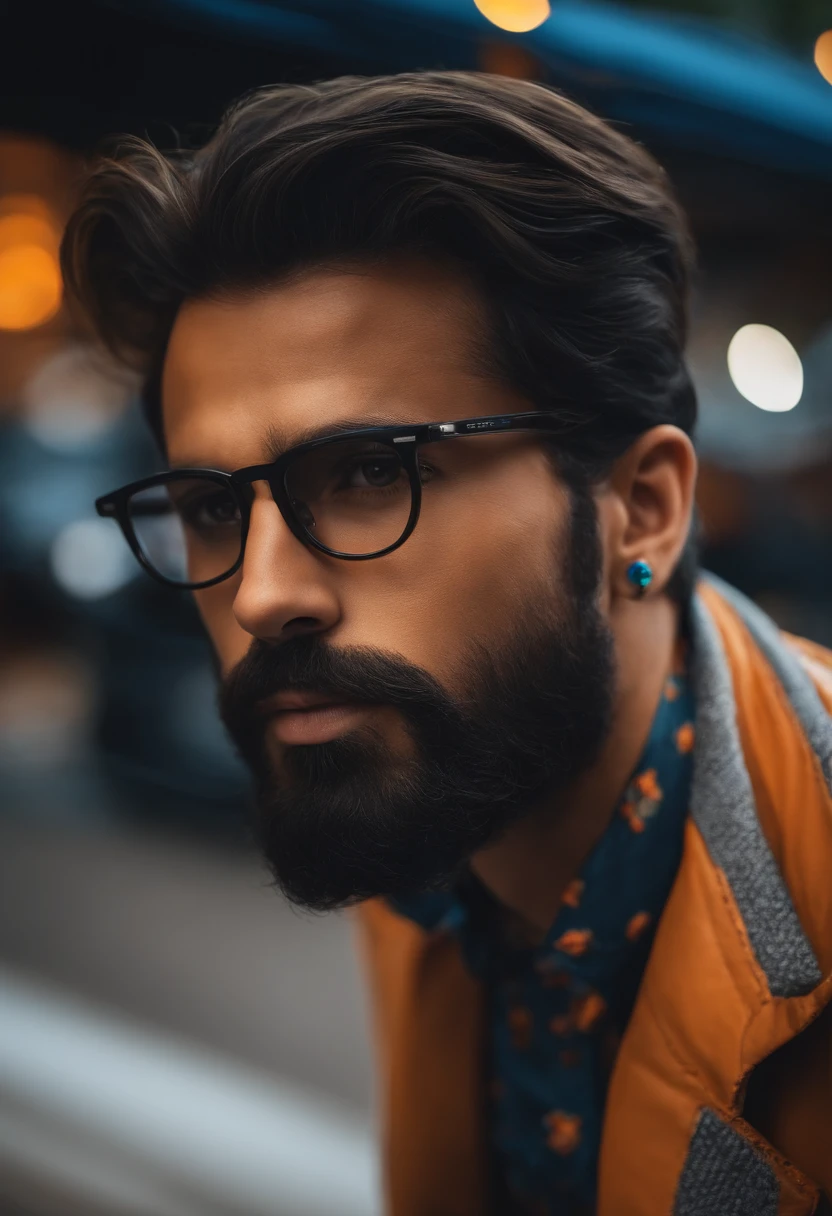 Homem com barba, eyeglass, cabelo grisalho ao.lado.deum carro brilhando