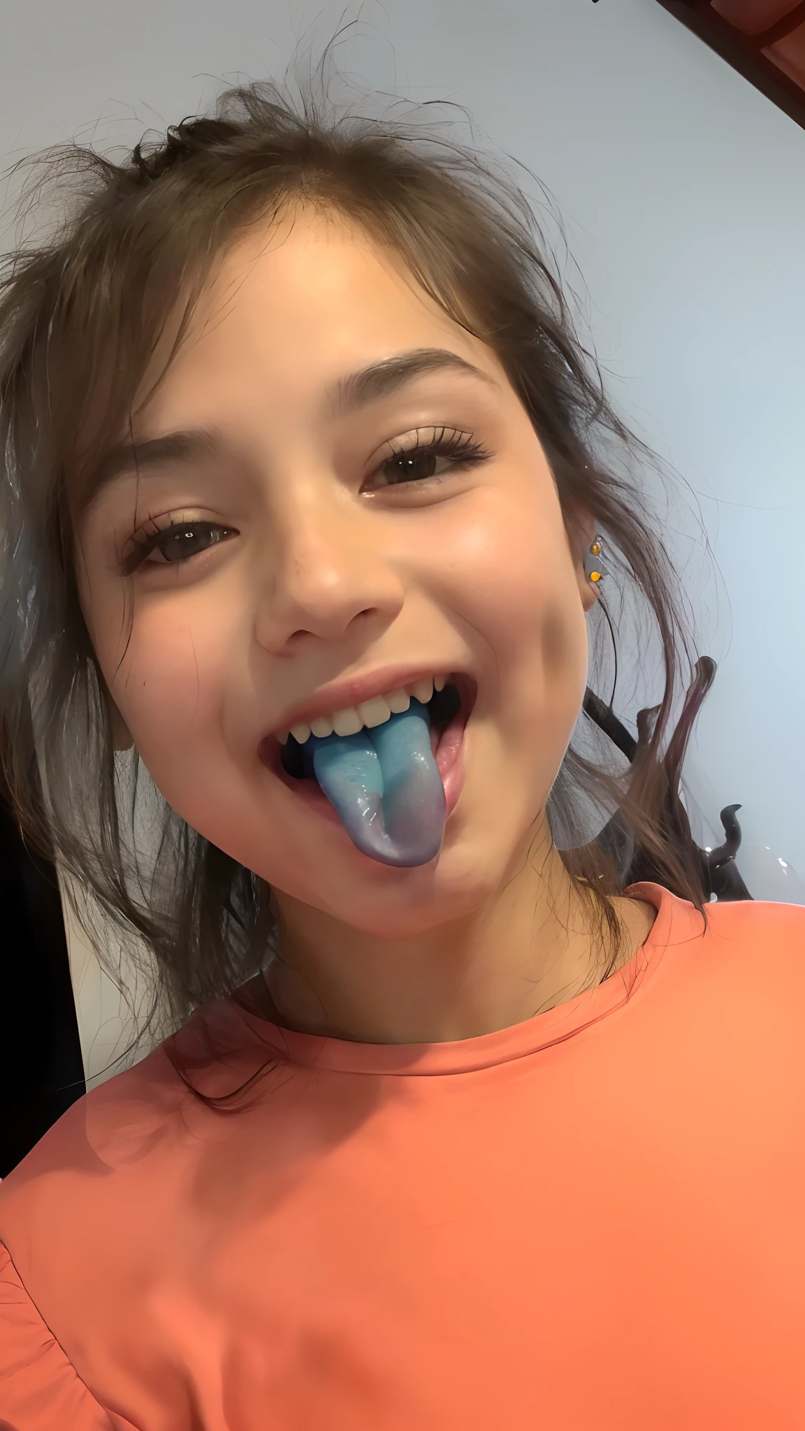 Menina com uma escova de dentes saindo da boca, Tongue sticking out, slimy tongue, Tongue out, licking tongue, lambendo para fora, Batom azul, tongue, blue lips, long tongue, lizard tongue, with a tentacle - shaped tongue, lizard tongue, vestindo uma baga azul, cara divertida e brincalhona boba, large tongue, com pele azul